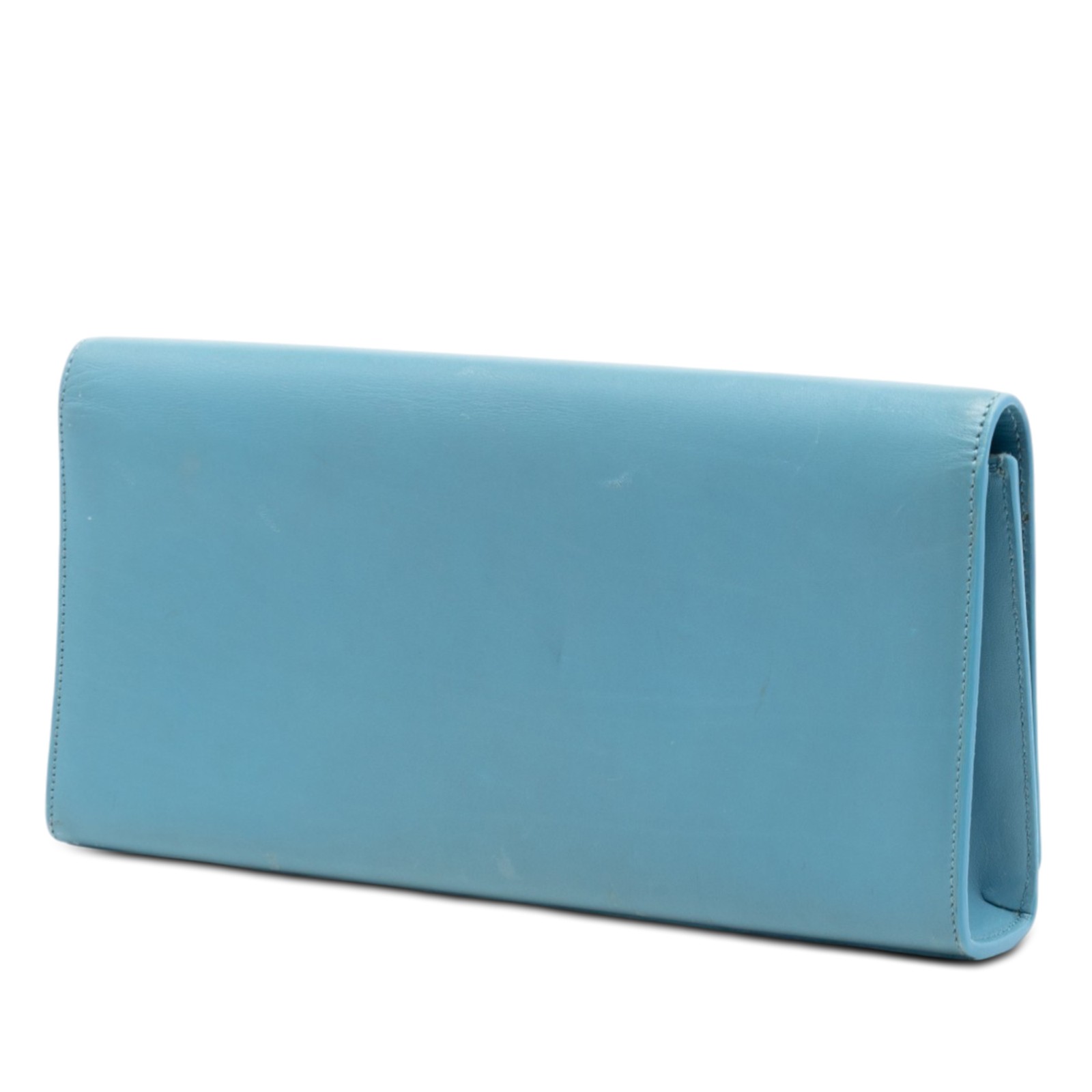 Saint Laurent Smooth Leather Cassandre Clutch Pre-Loved Light Blue
