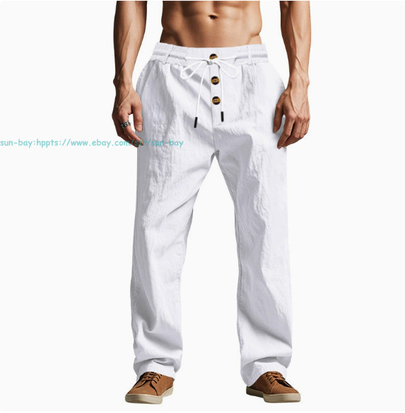 Men Casual Linen Pants Elastic Waist Drawstring Summer Beach Trousers withPocket