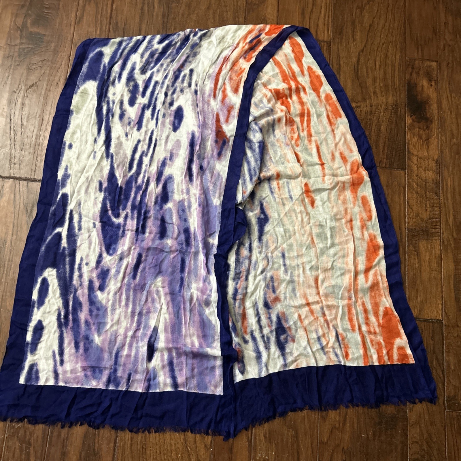 Blue Purple And Red abstract Ty Dye pattern semi-sheer long scarf fringe ends.