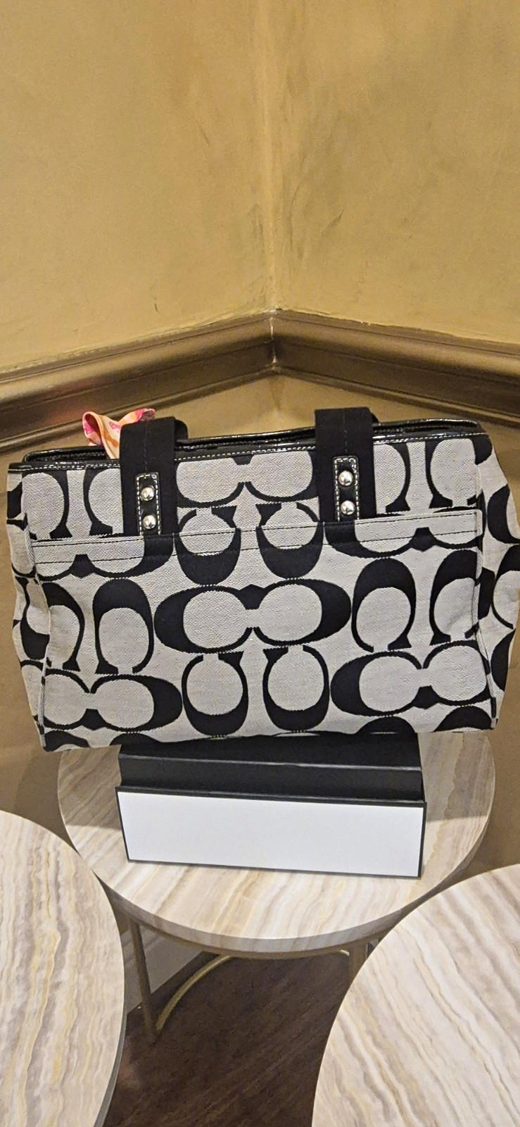 Coach Signature Black White Medium Satchel Zip Pink Lining Pockets Charm