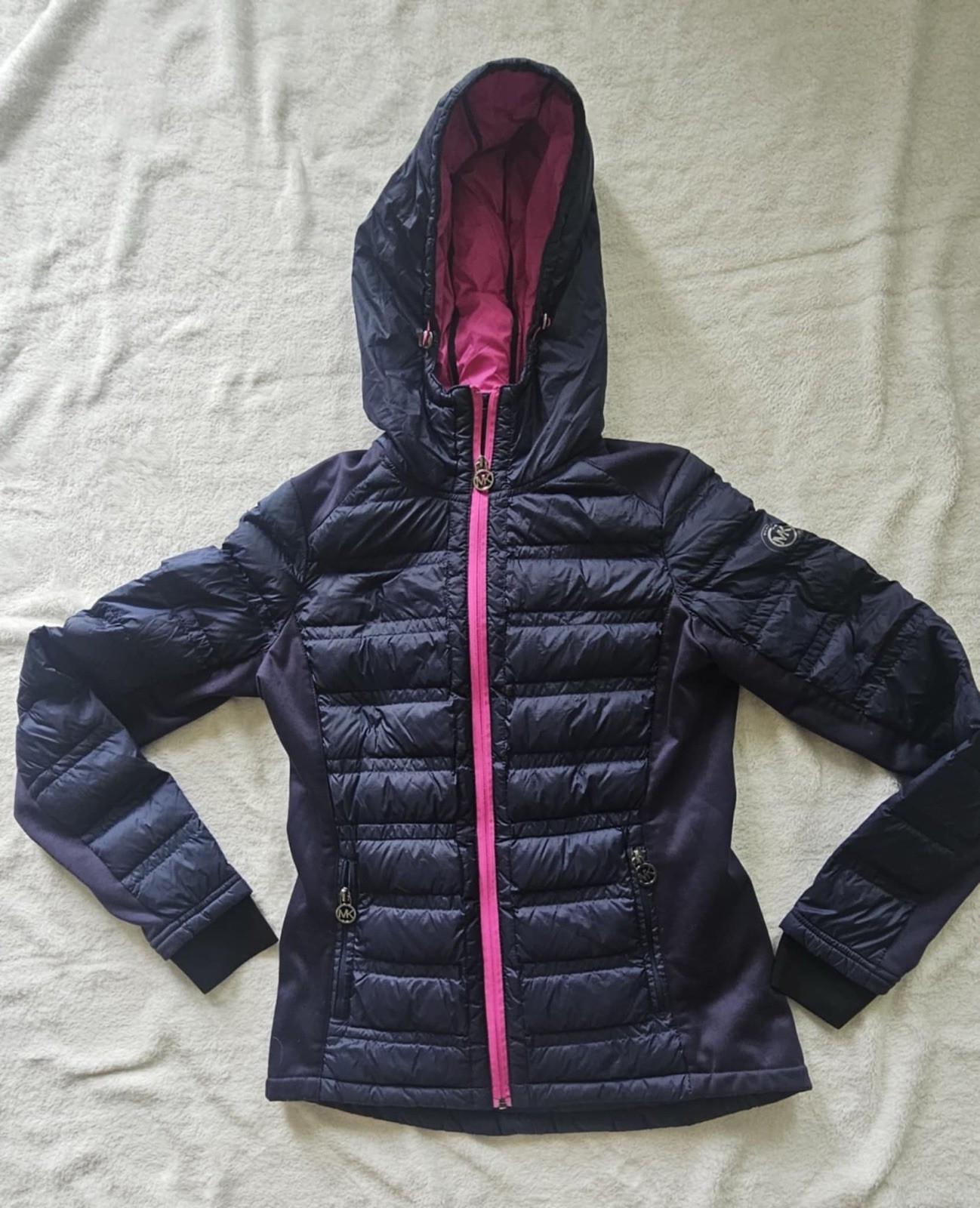 Michael Kors Women’s Navy/Pink Hooded Full Zip Puffer Jacket Size S