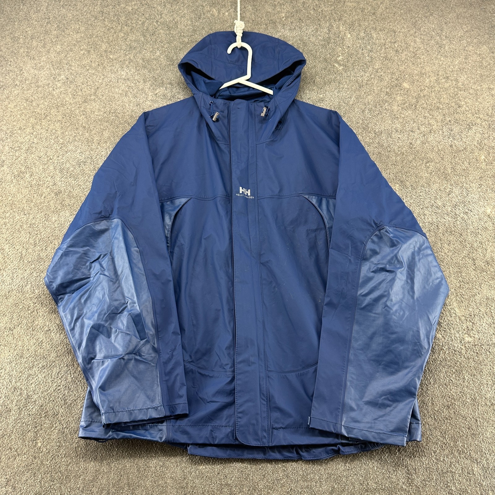 Helly Hansen Jacket Mens L Blue Hooded Rain Ski Snow PVC Mesh Lined Interface
