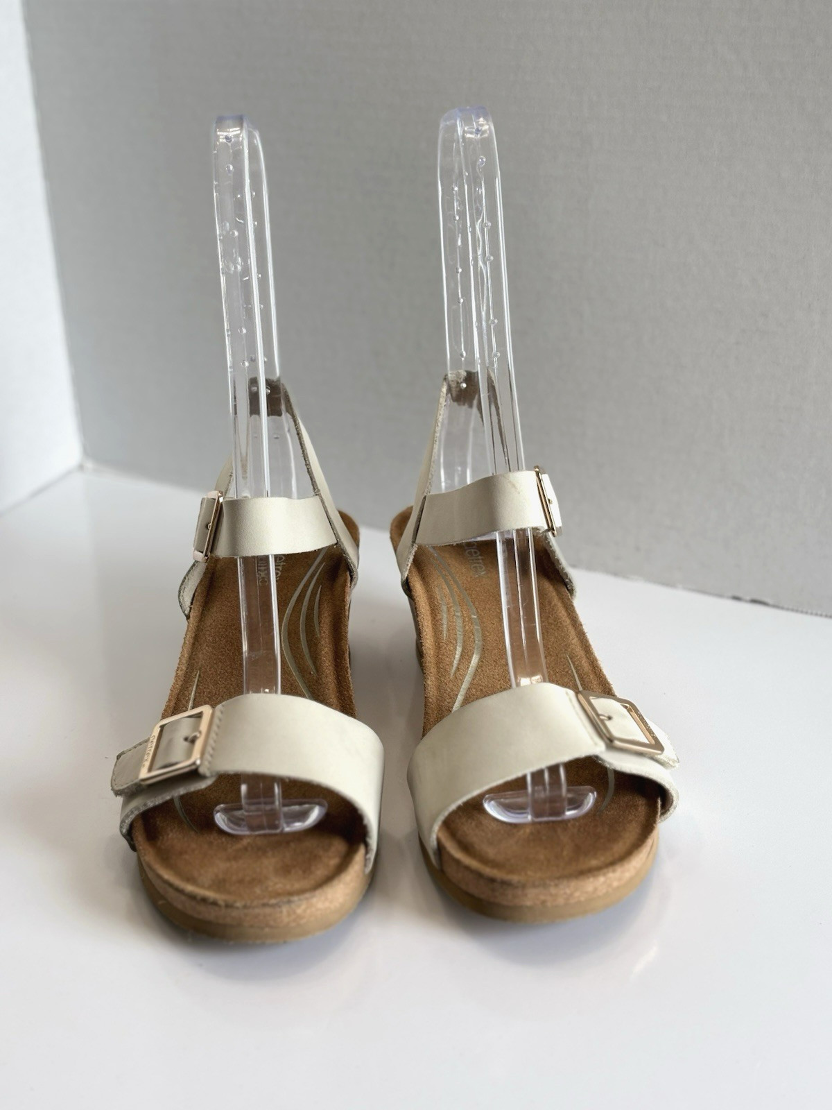 Aetrex Lexa Quarter Strap Wedge Sandals Women’s 7.5 Ivory Leather Open Toe Cork