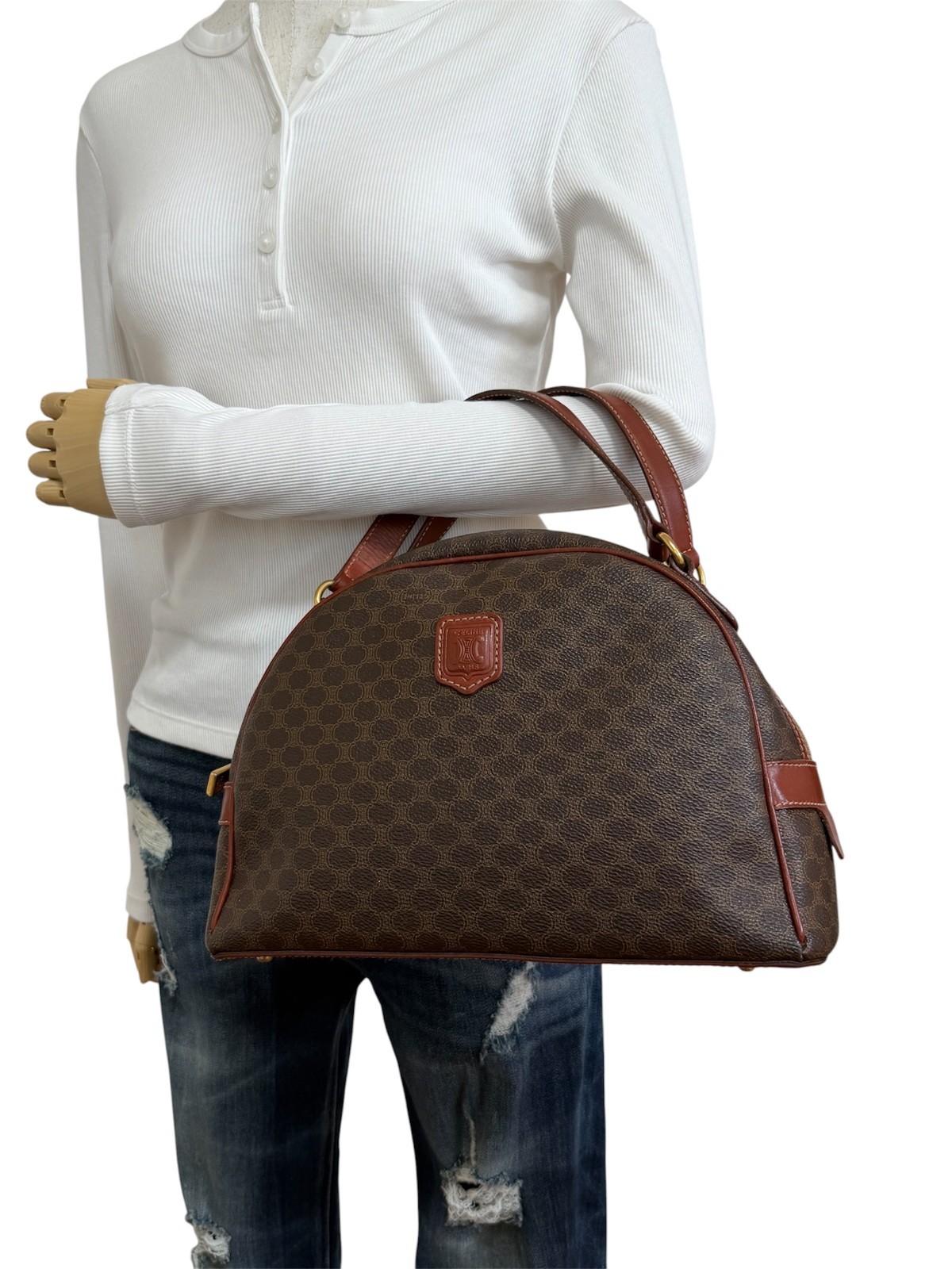 Vintage Celine Macadam Dome Hand Bag PVC Leather Brown Authentic