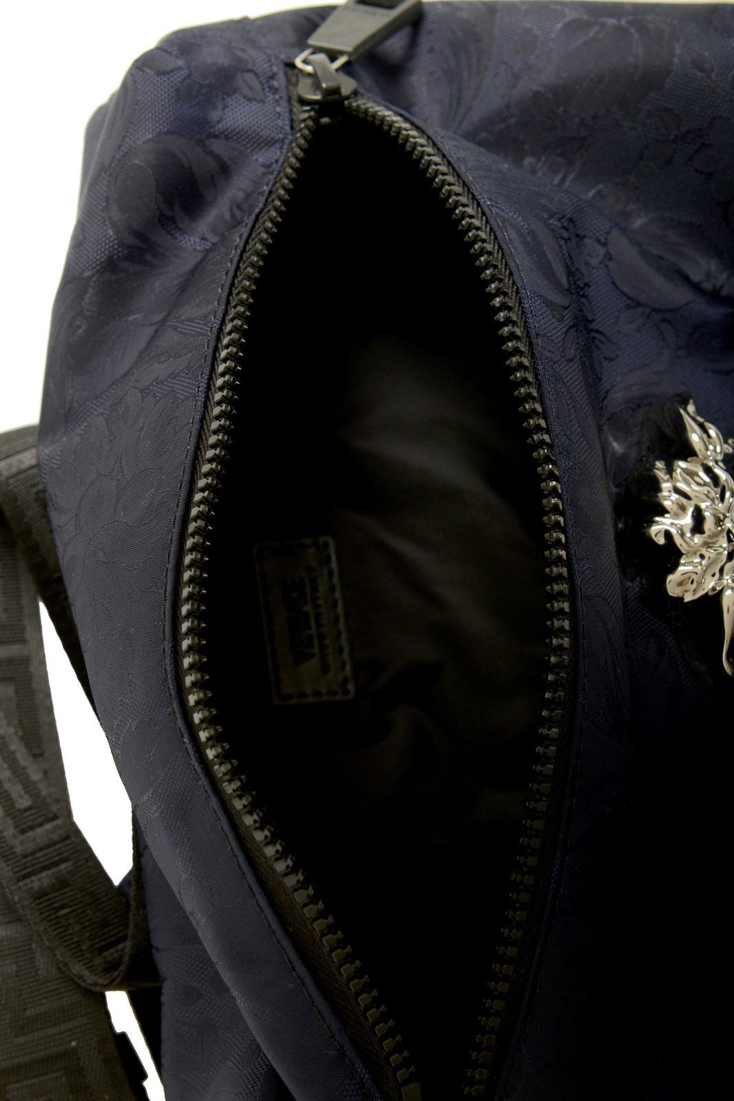 Versace Navy Heritage Print Silver Medusa Fabric & Leather Belt Fanny Pack Bag