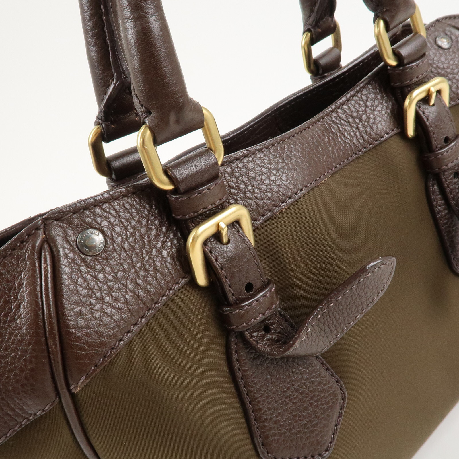PRADA Logo Hand Bag Kahki Brown Nylon Leather BN1221 Auth Used