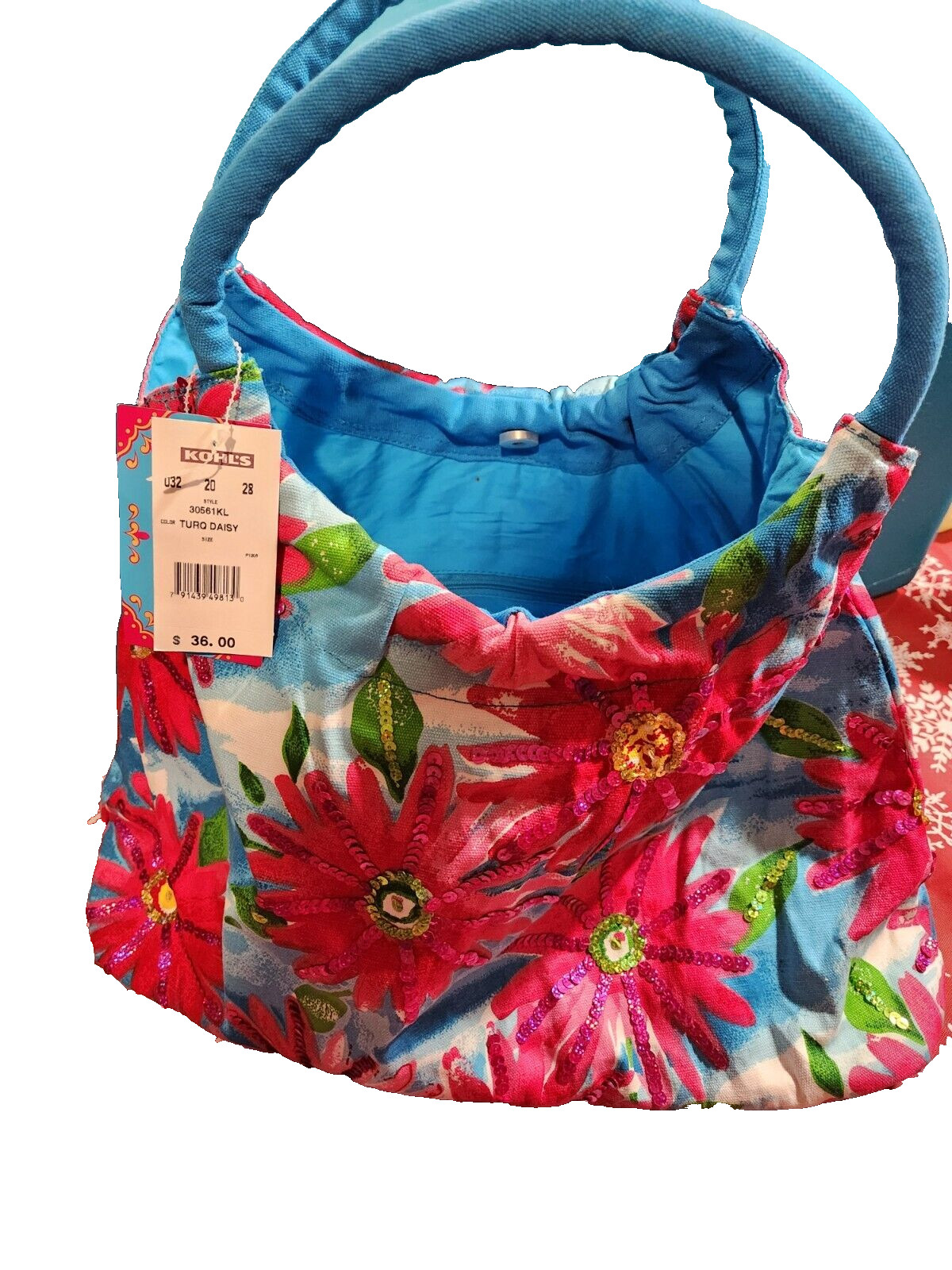 Kismet Summer Boho Large Tote Bag Purse Beach Bag Blue/Pink Sequins NEW