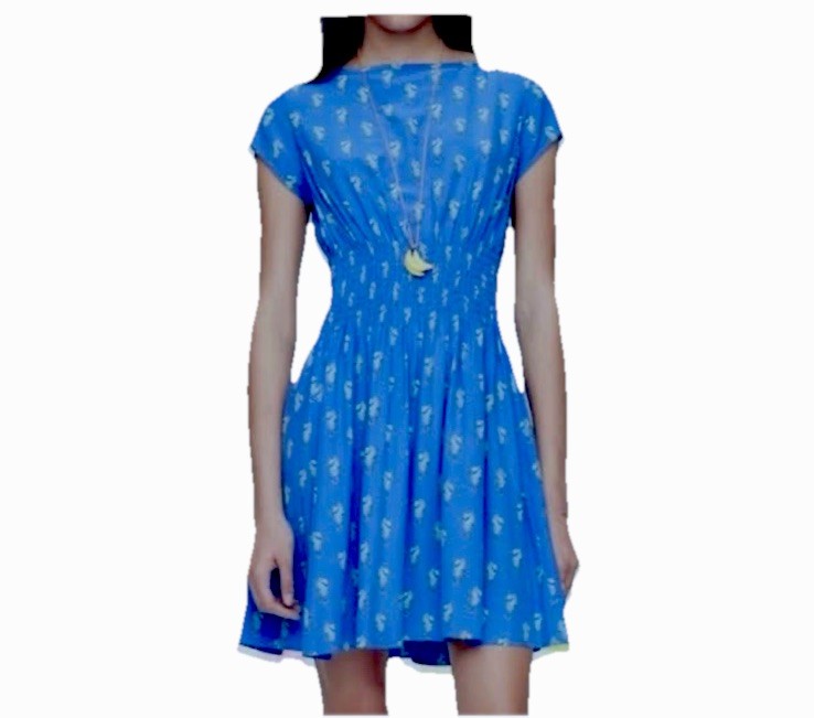 Kate Spade Dress L Seahorse Blaire Silk Blend Blue Midi Smocked Summer Vacation