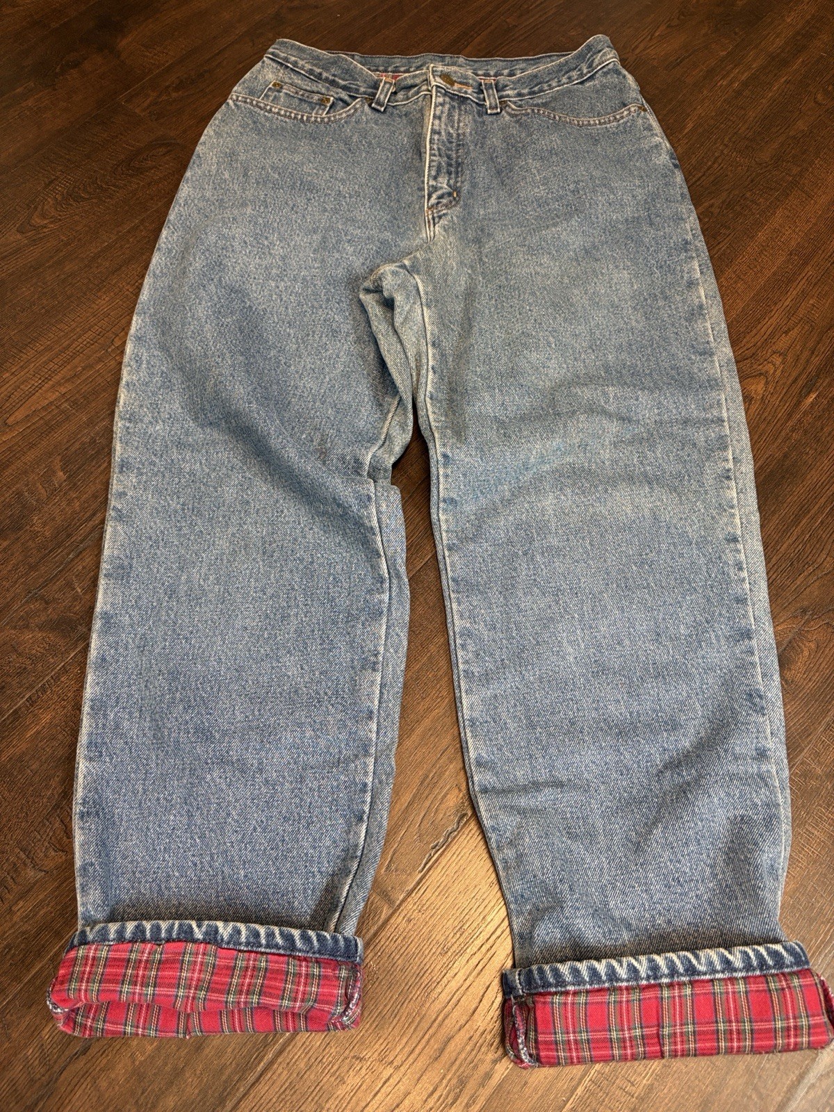 L.L.Bean Double L Vintage Women’s Blue Medium Denim Red Plaid Lined Jeans 12 Reg