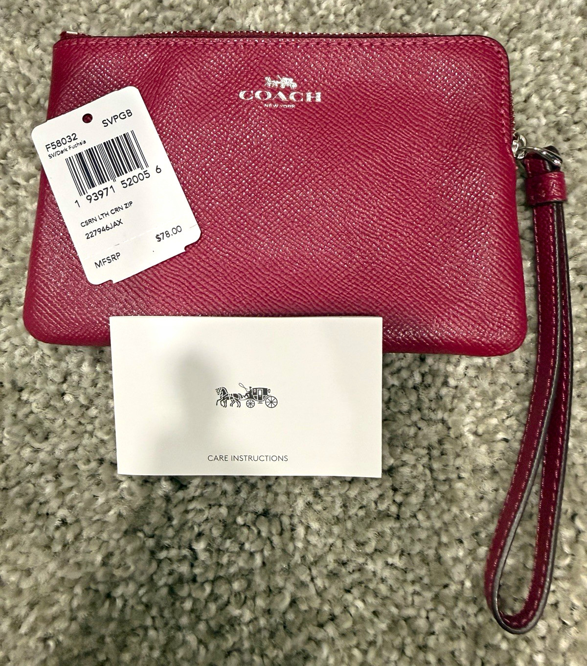 Coach Fushia Zip Wristlet Wallet Pouch w/ Logo Strap, Card Slots & Inner Pockets
