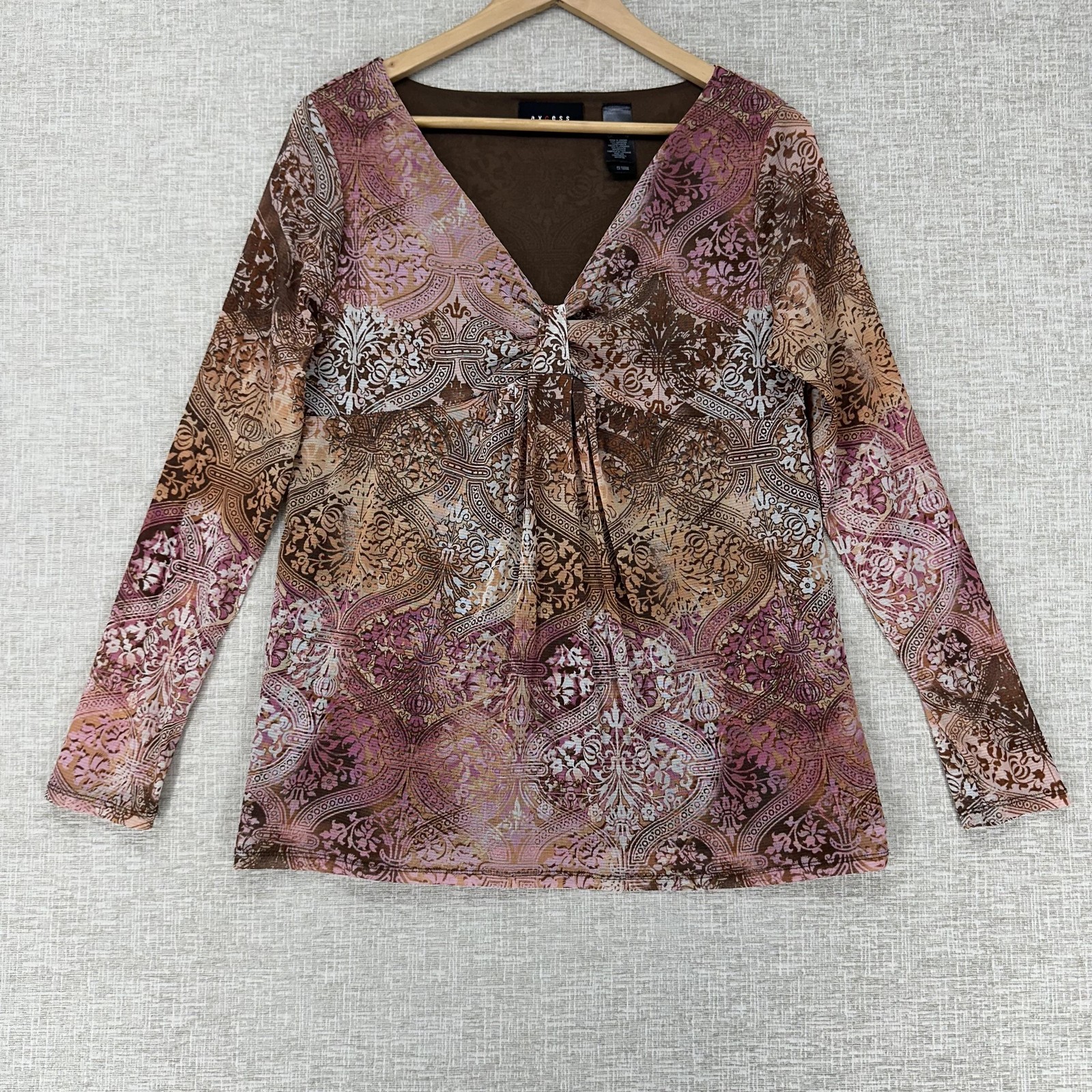 Axcess Shirt Womens Large Dusty Pink Brown Paisley V-Neck Long Sleeve Lined Boho