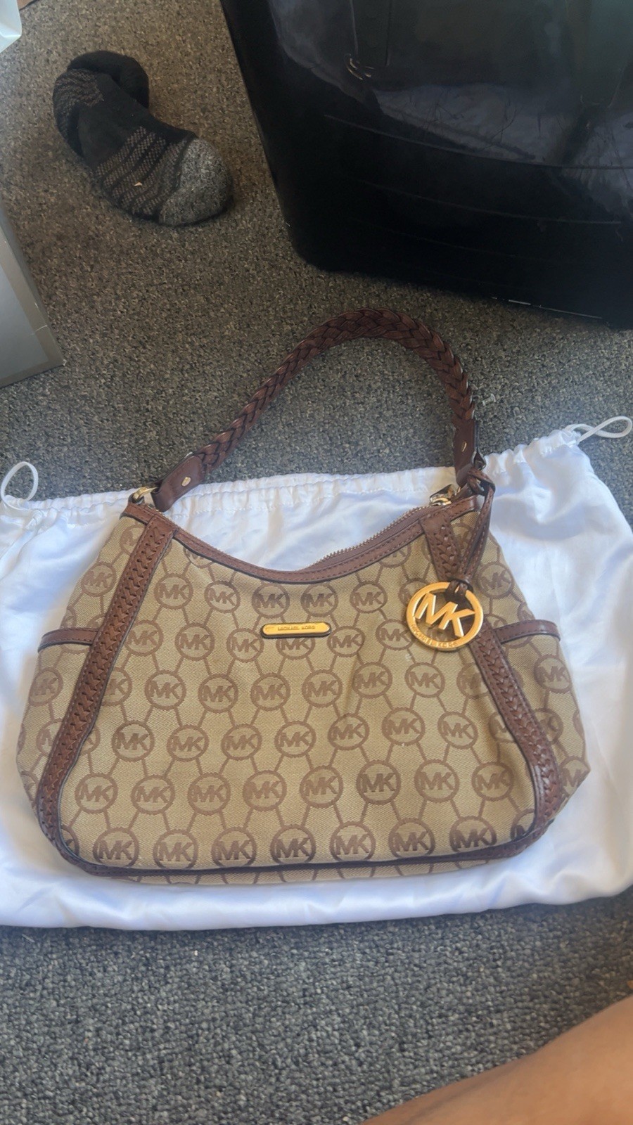 Michael Kors Logo Shoulder Bag Zip Closure Brown/Beige w/ Bag Charm