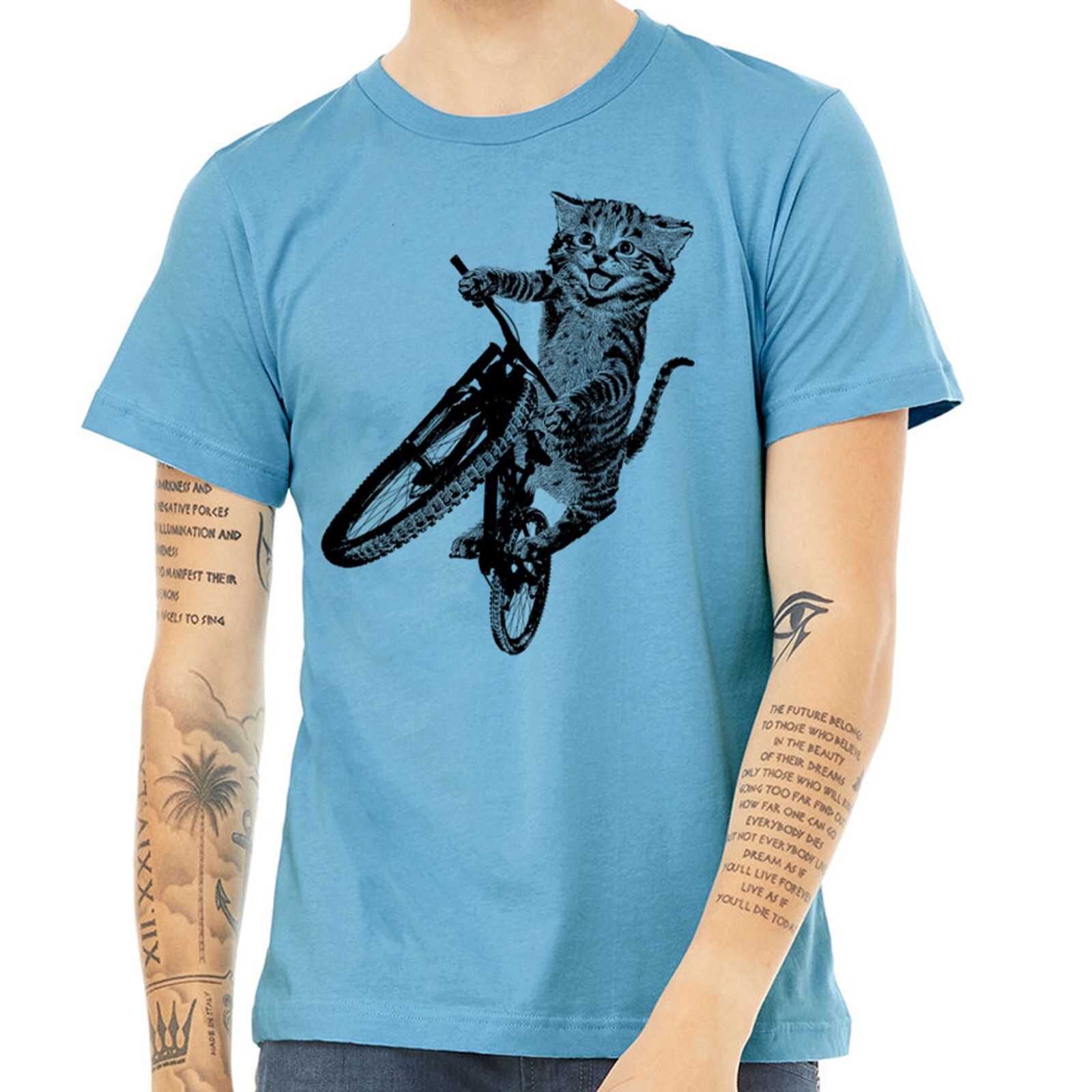 Cat Riding a Bicycle men’s Tshirt- Kitten Wheelie Tee shirt- Eco Friendly