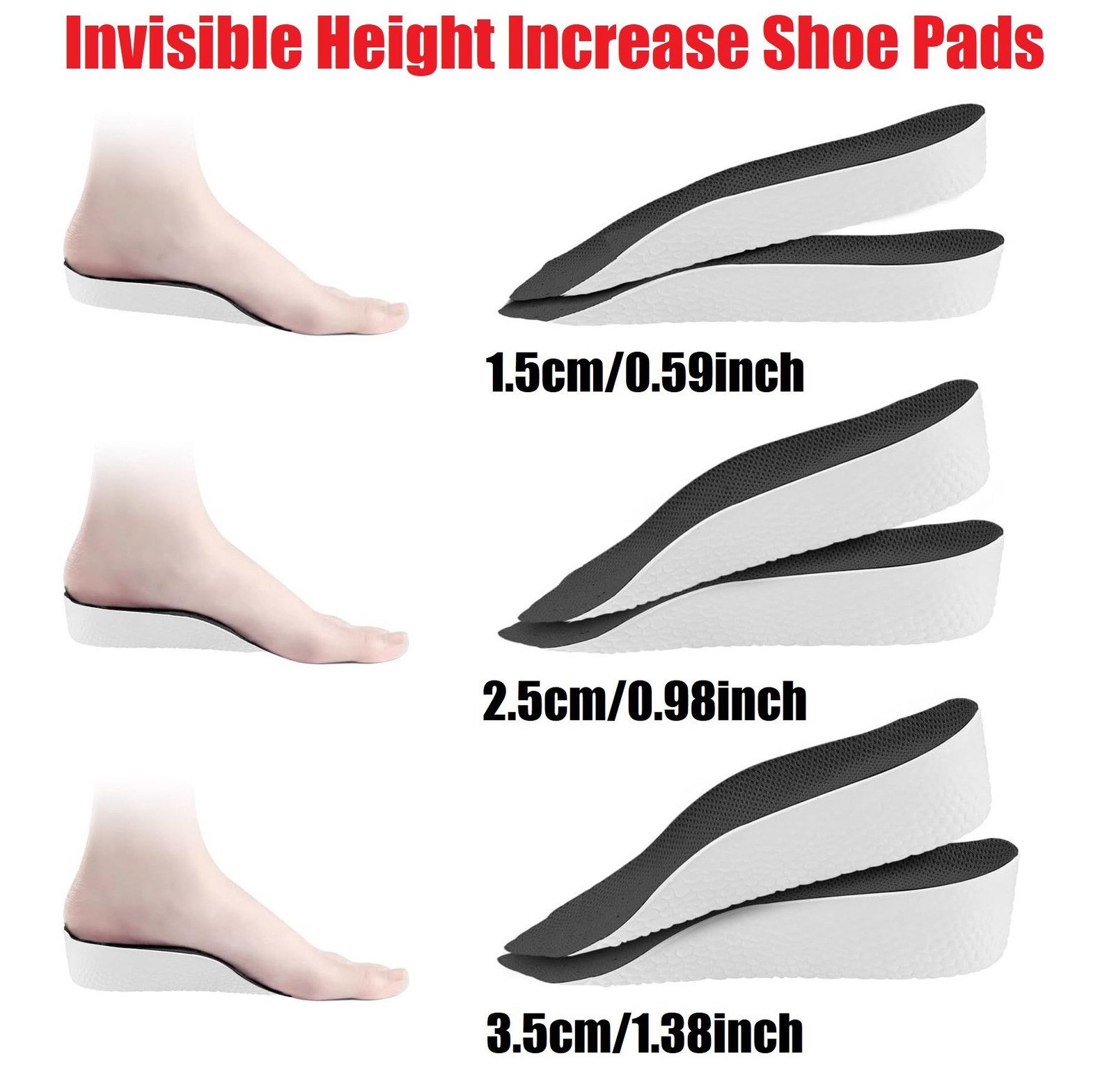 2× Comfort Boost Height Increase Insoles Arch Support Invisible Heel Lift Pads