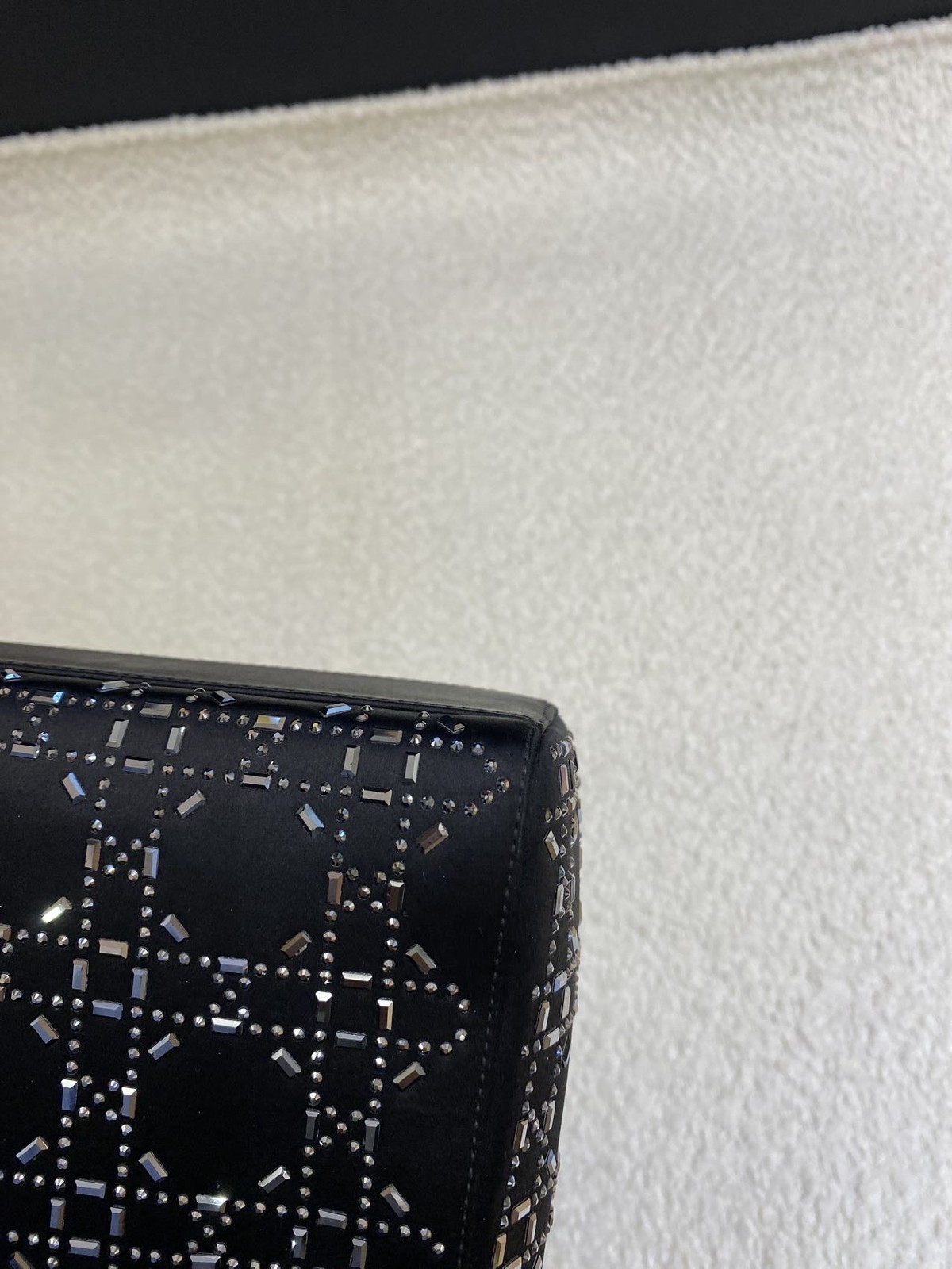 Dior Lady Dior Mini Black Satin Rhinestone 3-Grid Top Handle Bag Duty Paid