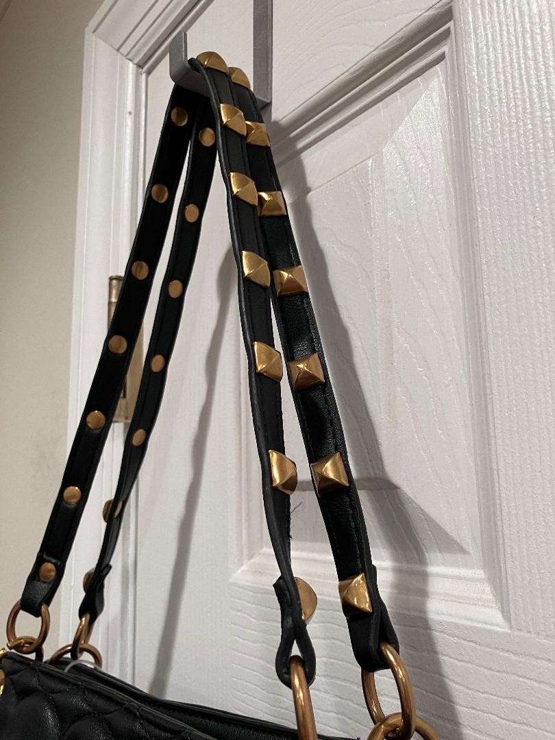 BETSEY JOHNSON XO Mia Black Heart Quilted Gold Studded Tote Handbag Purse – New!