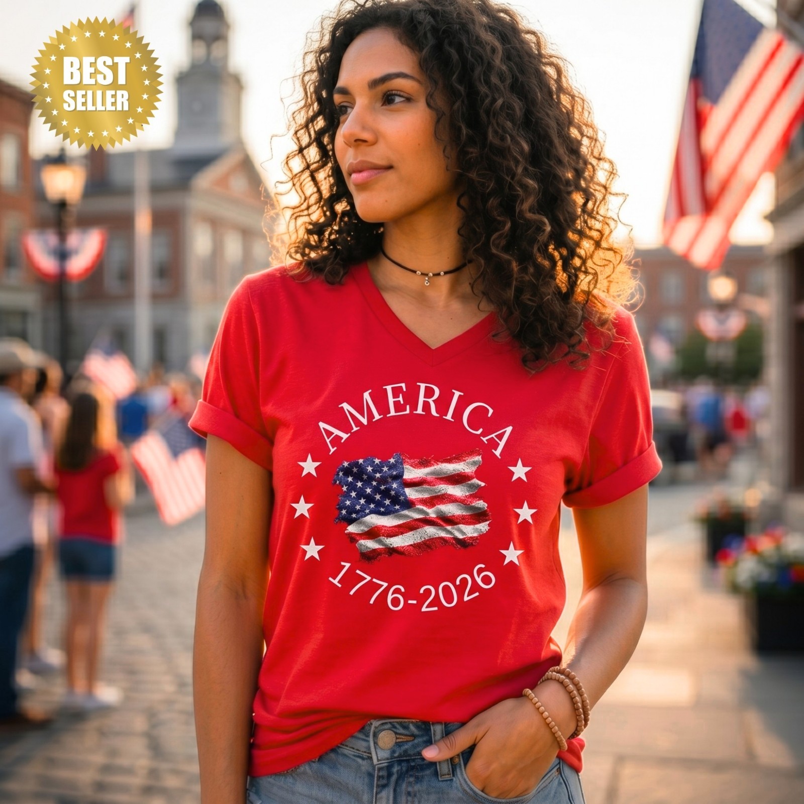 250th Anniversary USA Bella Canvas V-Neck Shirt, Patriotic Independence Tee