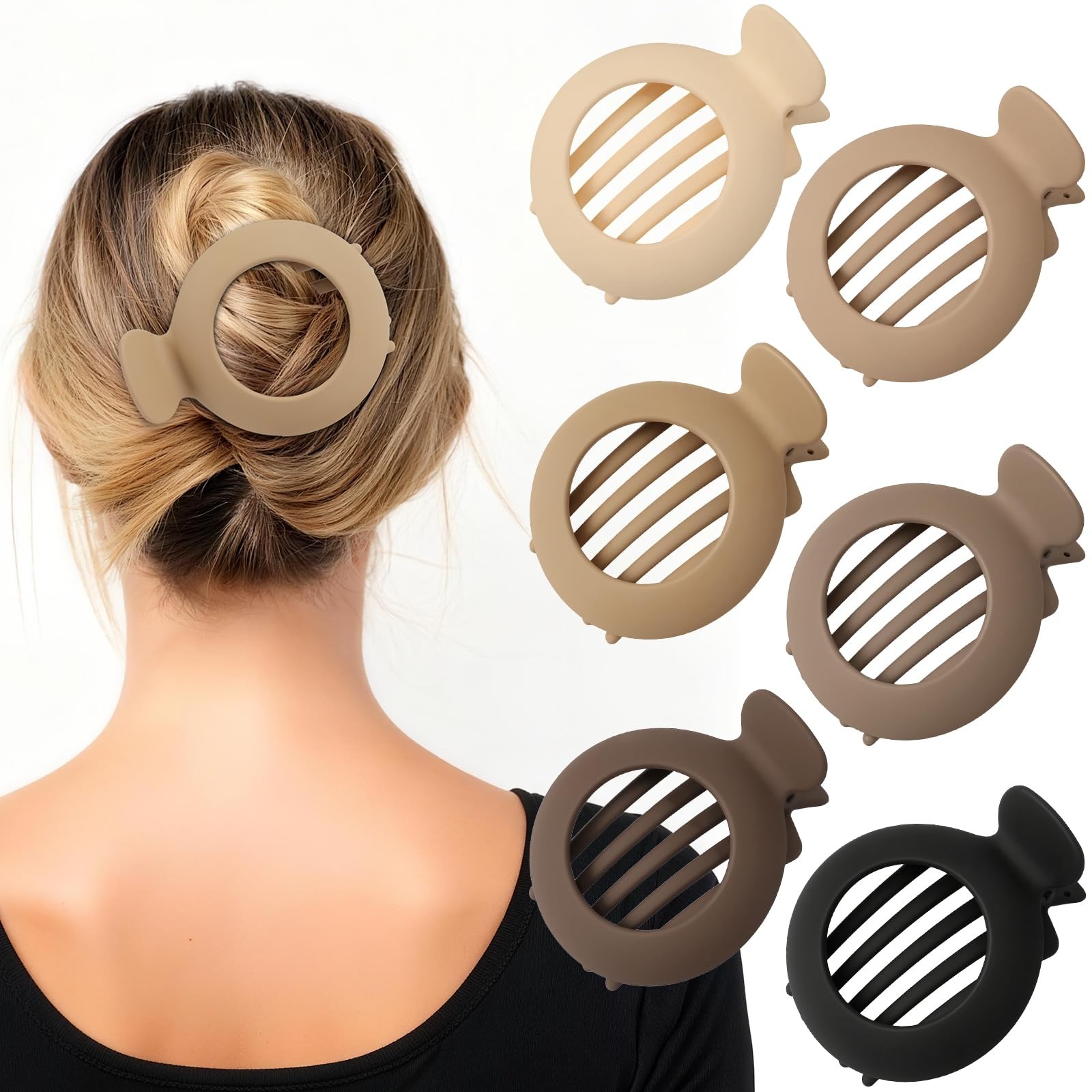 6 PCS Round Flat Hair Clips for Women, French 1 Count (Pack of 6), Brown