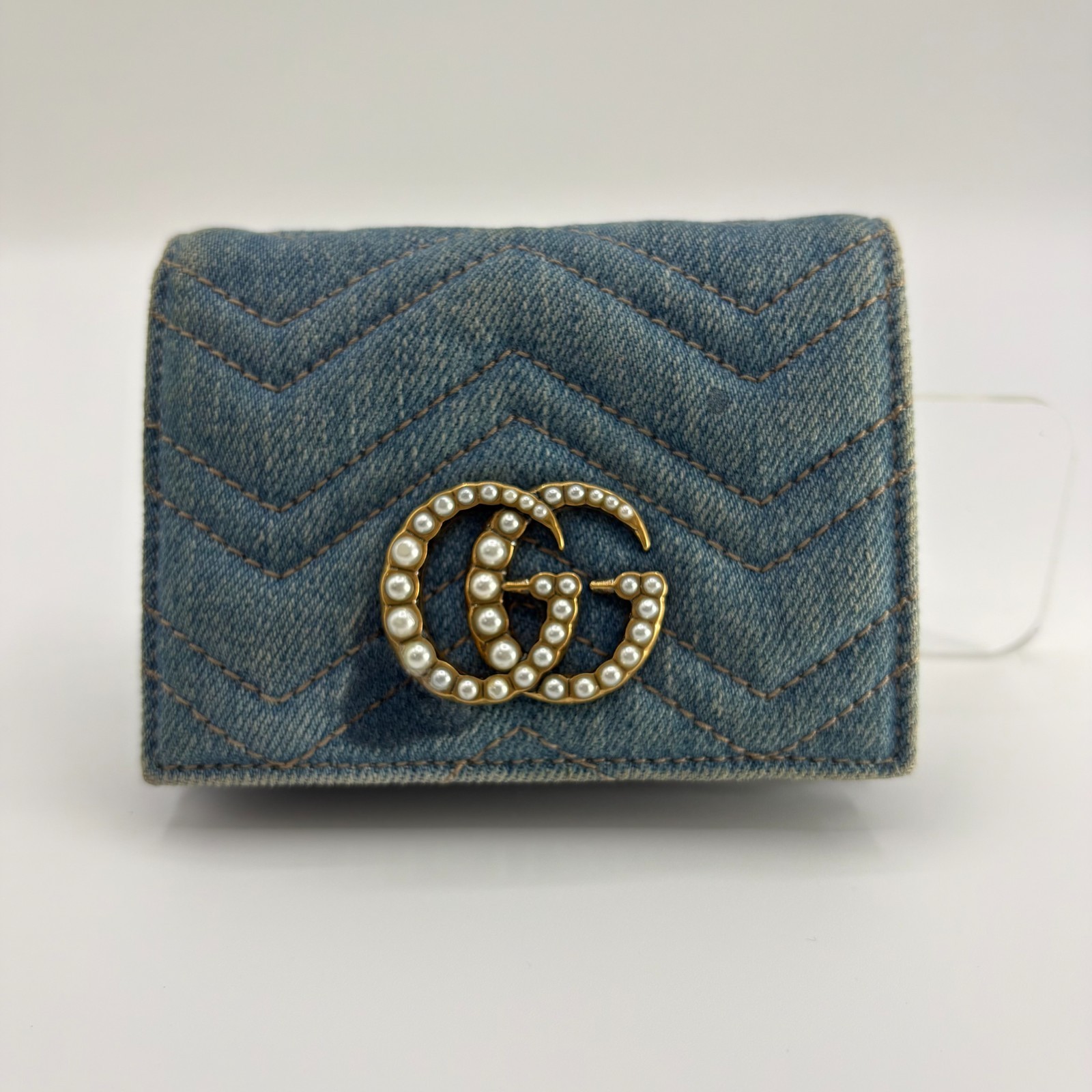 Gucci GG Marmont Wallet Denim Pearl Studs Compact Trifold Blue Leather Auth