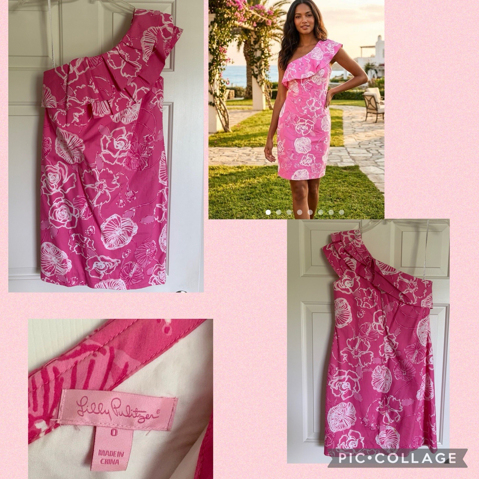 Lilly Pulitzer Sandra one-shoulder mini dress In Hottie Pink Dahlia print size 0