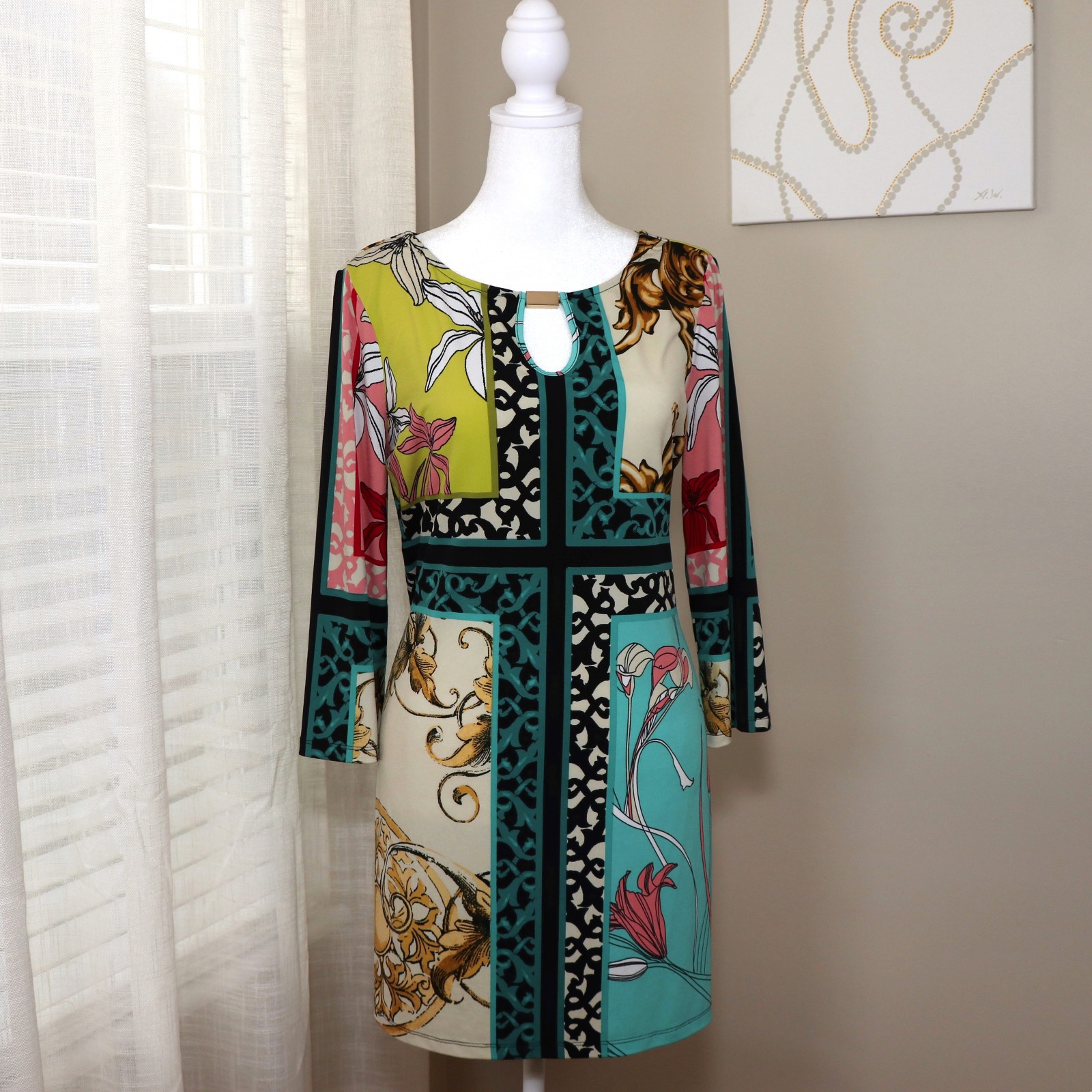 Style & Co Bright Floral Fleur-De-Lis Scroll Peephole Sheath Dress Size Small