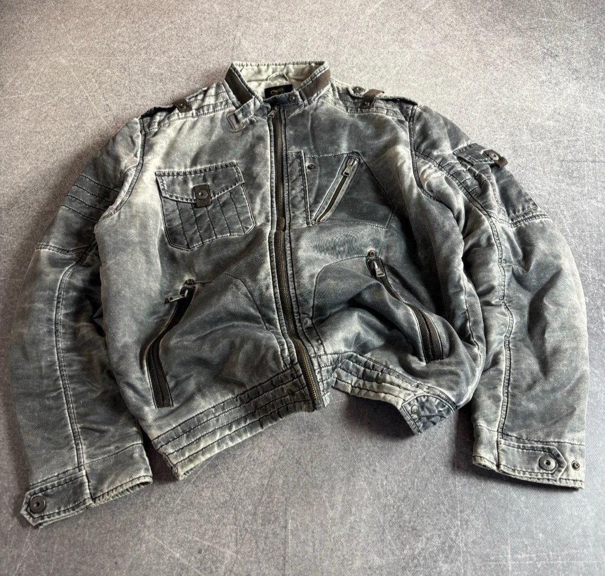 Avant Garde Japanese 2000s Washed Distressed ZIpper Nylon Bomber Jacket Boxy Fit