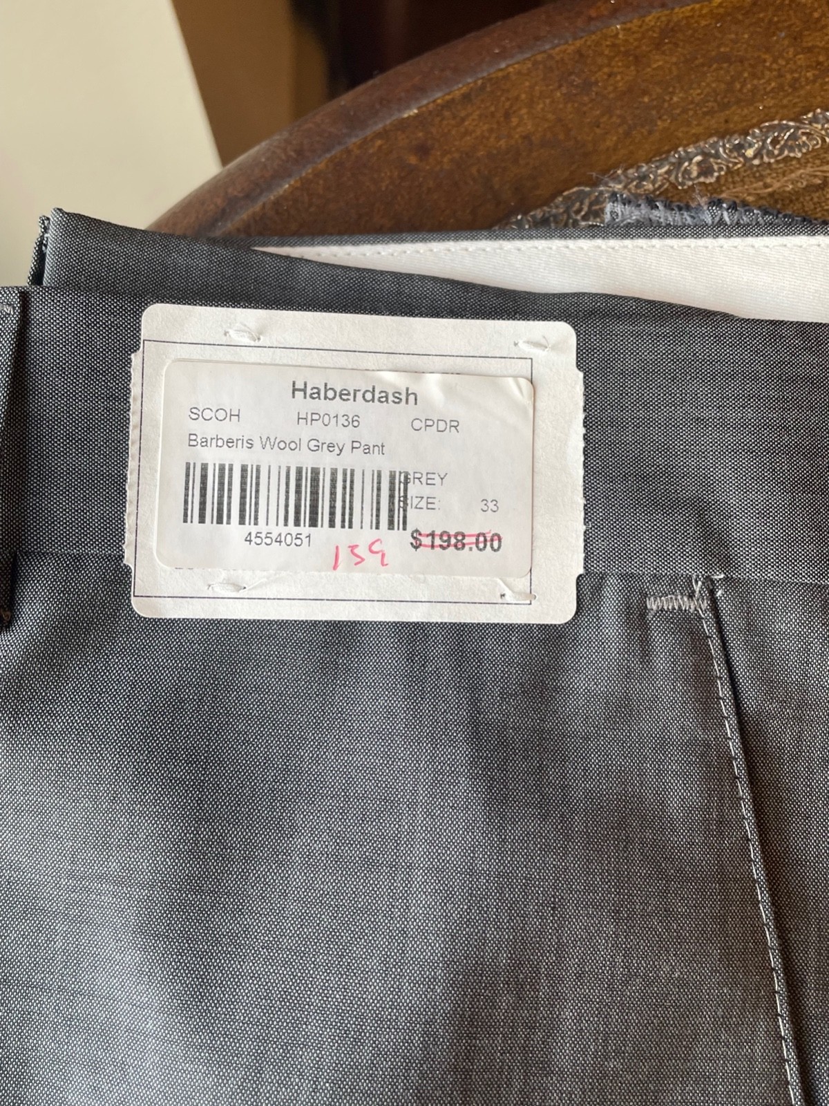 NEW HABERDASH Chicago Men’s Barberis 100% Italian Wool Pants 33W Unhemmed NWT