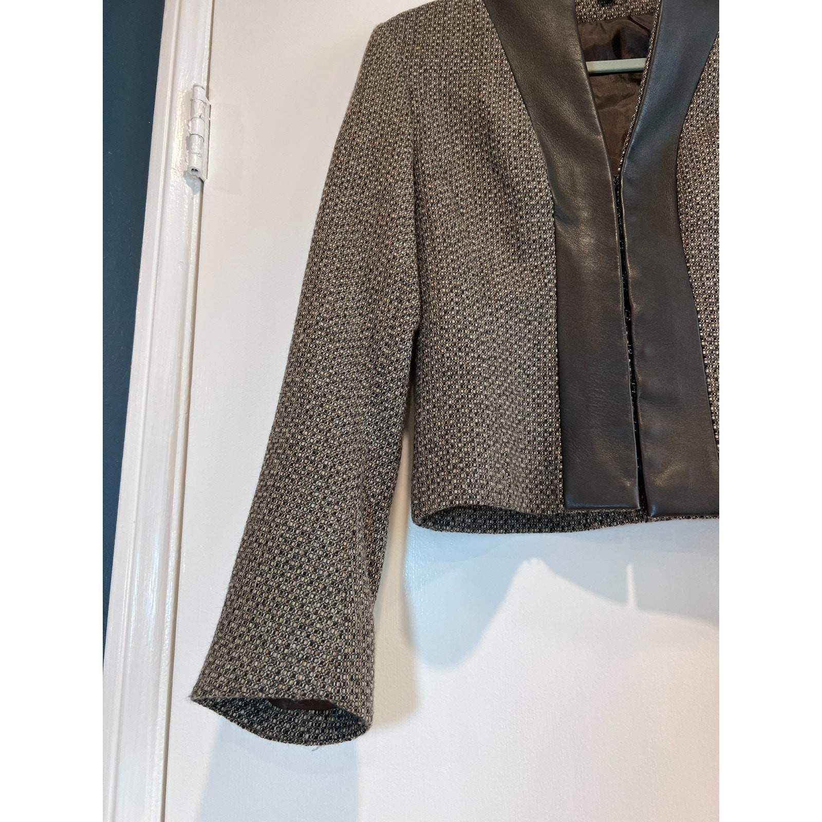 PENTA 100% Wool Tweed Jacket Women’s 6 Genuine Leather Trim Open Front Blazer