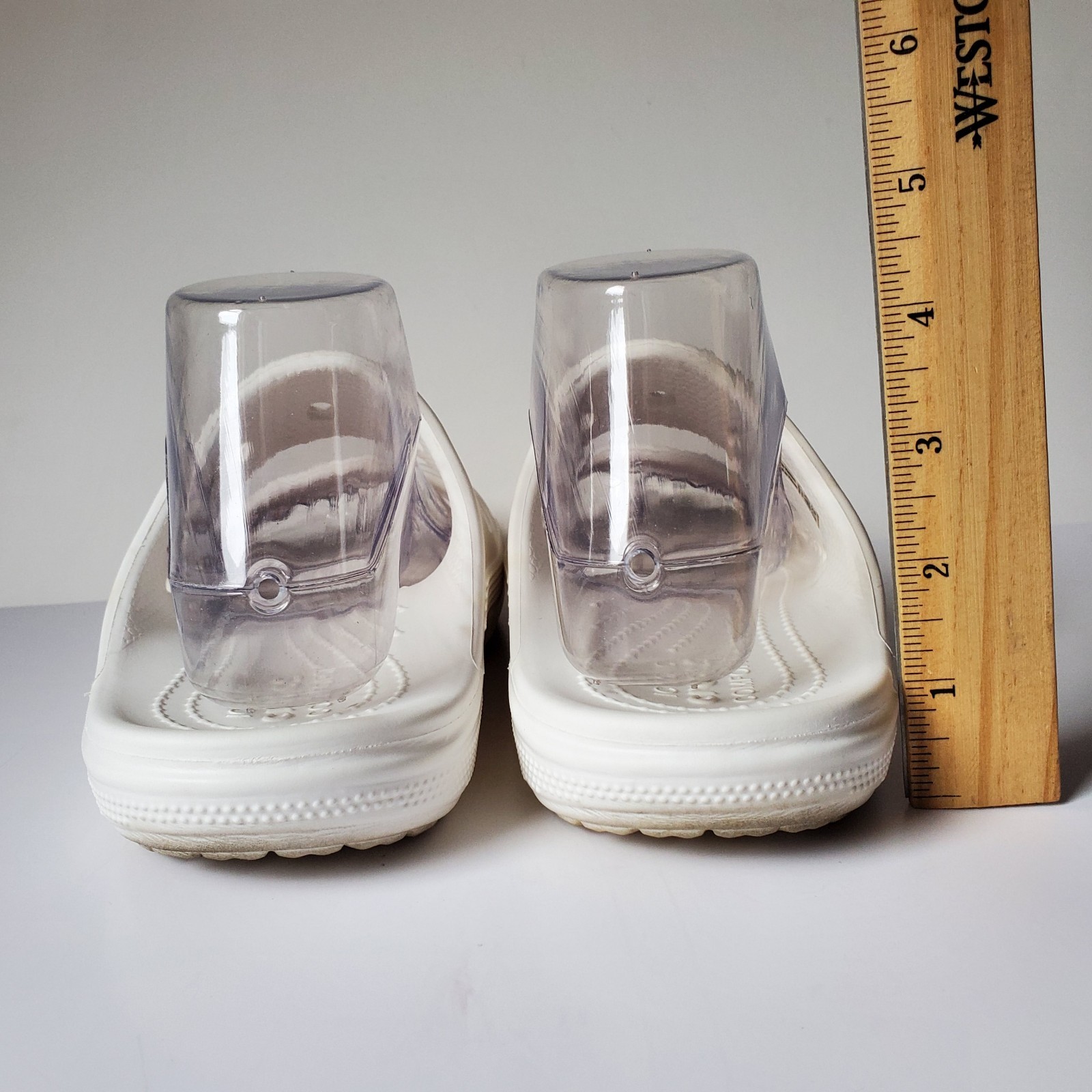 Crocs Baya Slide Sandals Unisex Women 7 Men 5 Spellout Slip-On White Two 2 Strap