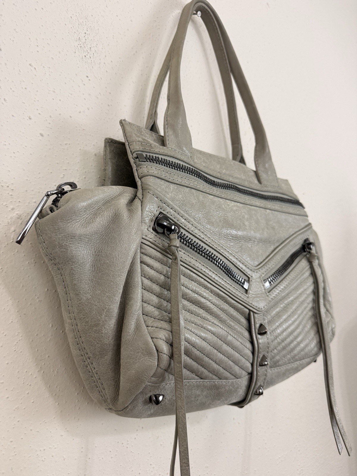 Botkier Trigger Satchel Shoulder Bag Purse Gray Leather Studs Zippers Moto