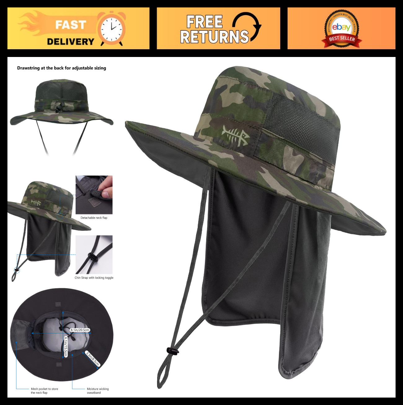 UPF 50+ Sun Protection Fishing Hat, Water Resistant with Detachable Neck Flap