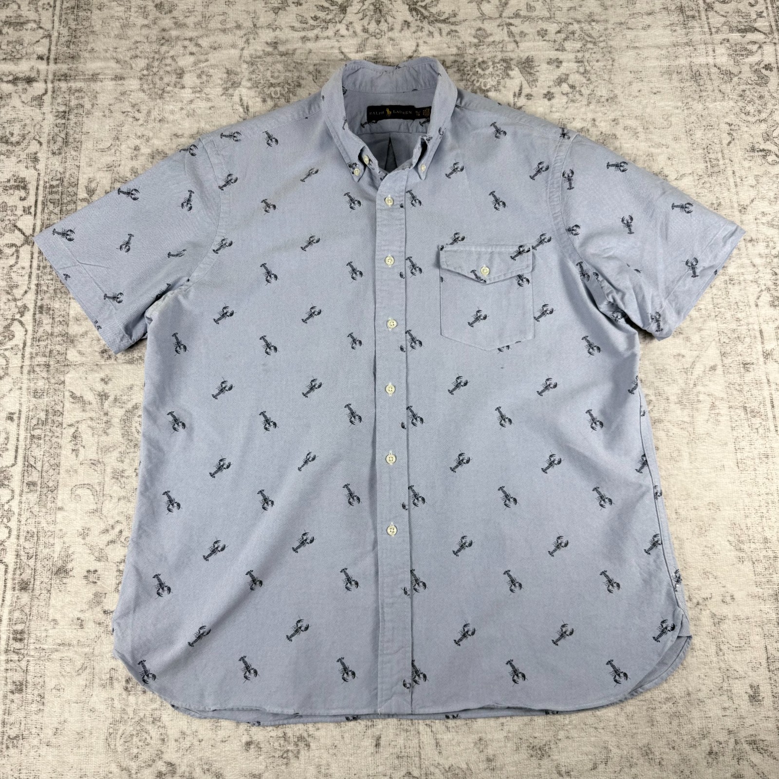 Ralph Lauren Lobster Print Shirt Mens XL Blue Oxford Button Front Short Sleeve