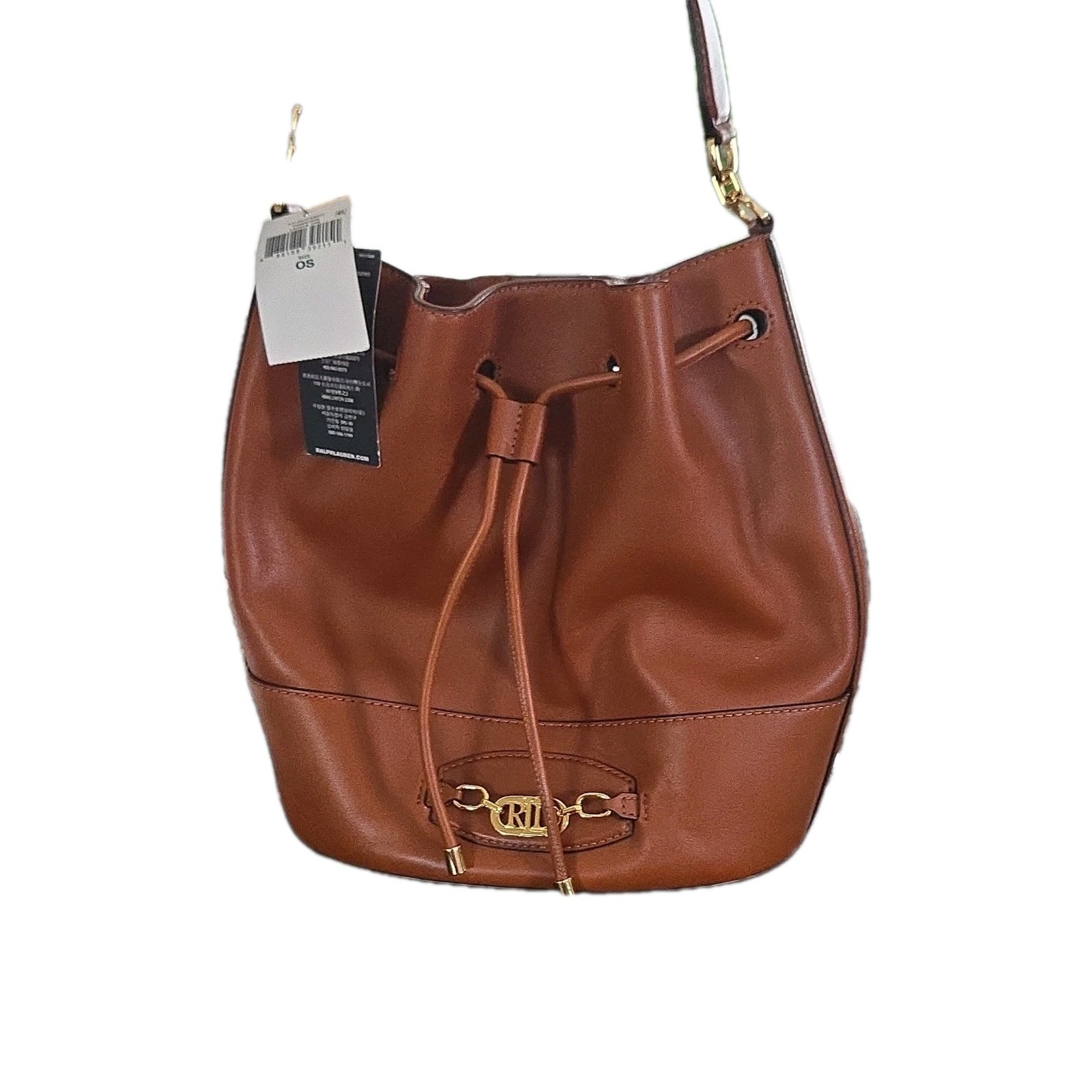 Lauren Ralph Lauren Tan Leather Bucket Bag Drawstring Logo Accent Gold Hardware