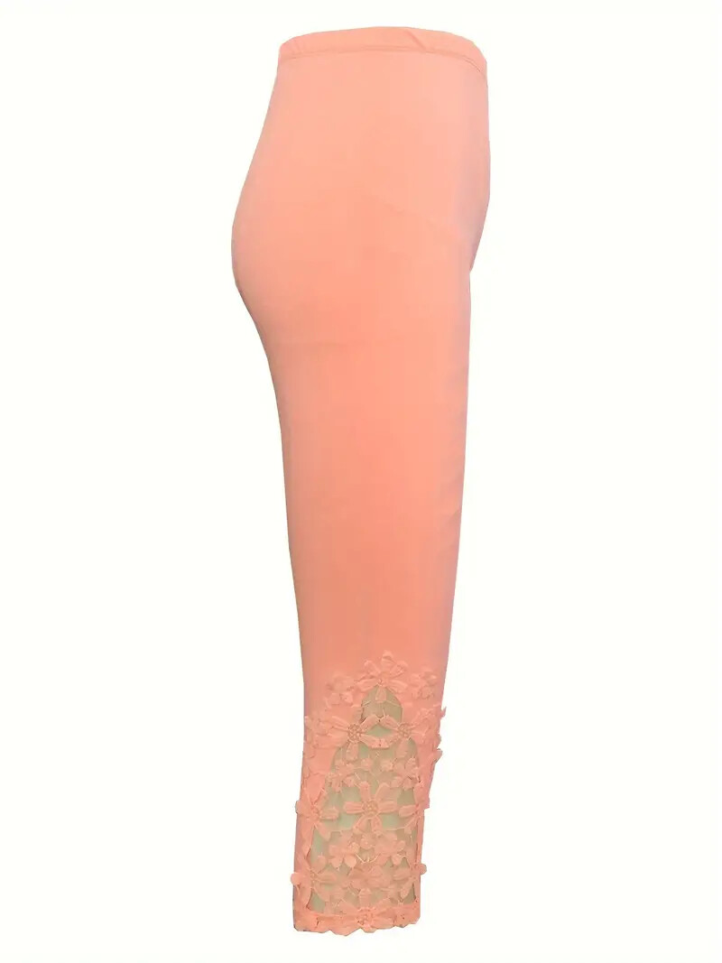 Contrast Lace Skinny Casual Elastic Waist Stretchy Lace infused Capri Leggings