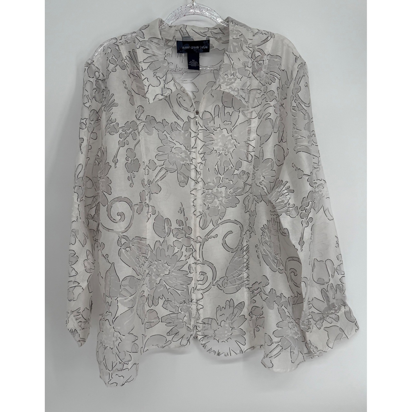 Susan Graver Style White Grey Floral Burnout Zip Front Blouse Jacket Sz 3X