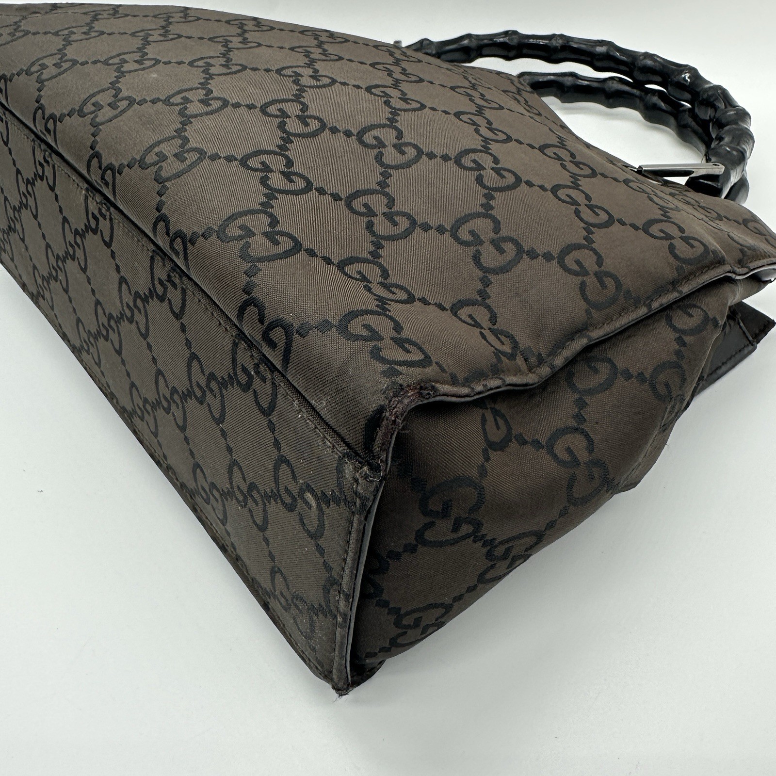 Gucci Handbag Bamboo GG Nylon Dark Brown Purse Double Handle Authentic