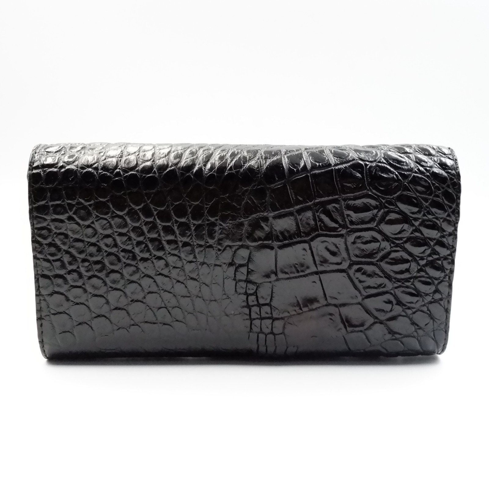 New Black Genuine Croc Leather BackBone Skin Women Tri-fold Clutch Wallet Purse.