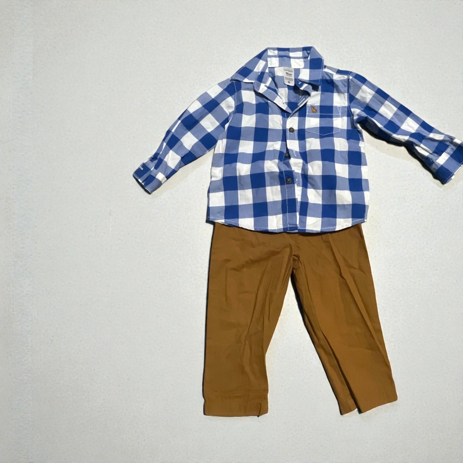 Caters boys 18 M blue plaid button down long sleeve shirt & brown pants NWT