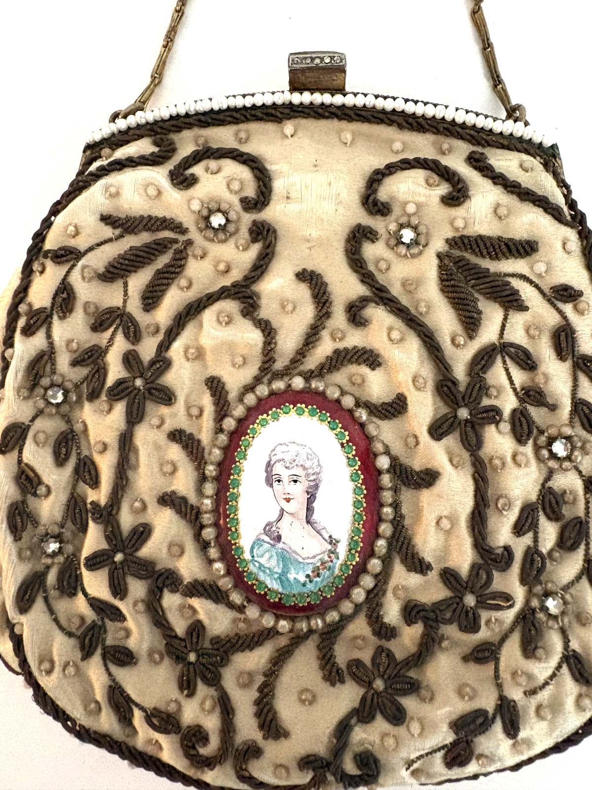 French Victorian Cameo TRINITY BAG Copper Beaded w/Pearls/Copper Metallic Thread