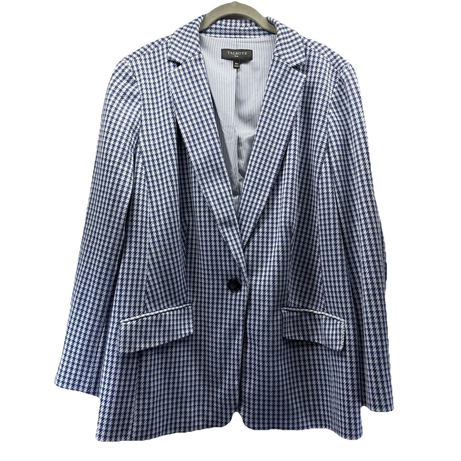 Talbots Women’s Blazer Sz 16W Blue White Houndstooth Cotton Blend Pockets Lined
