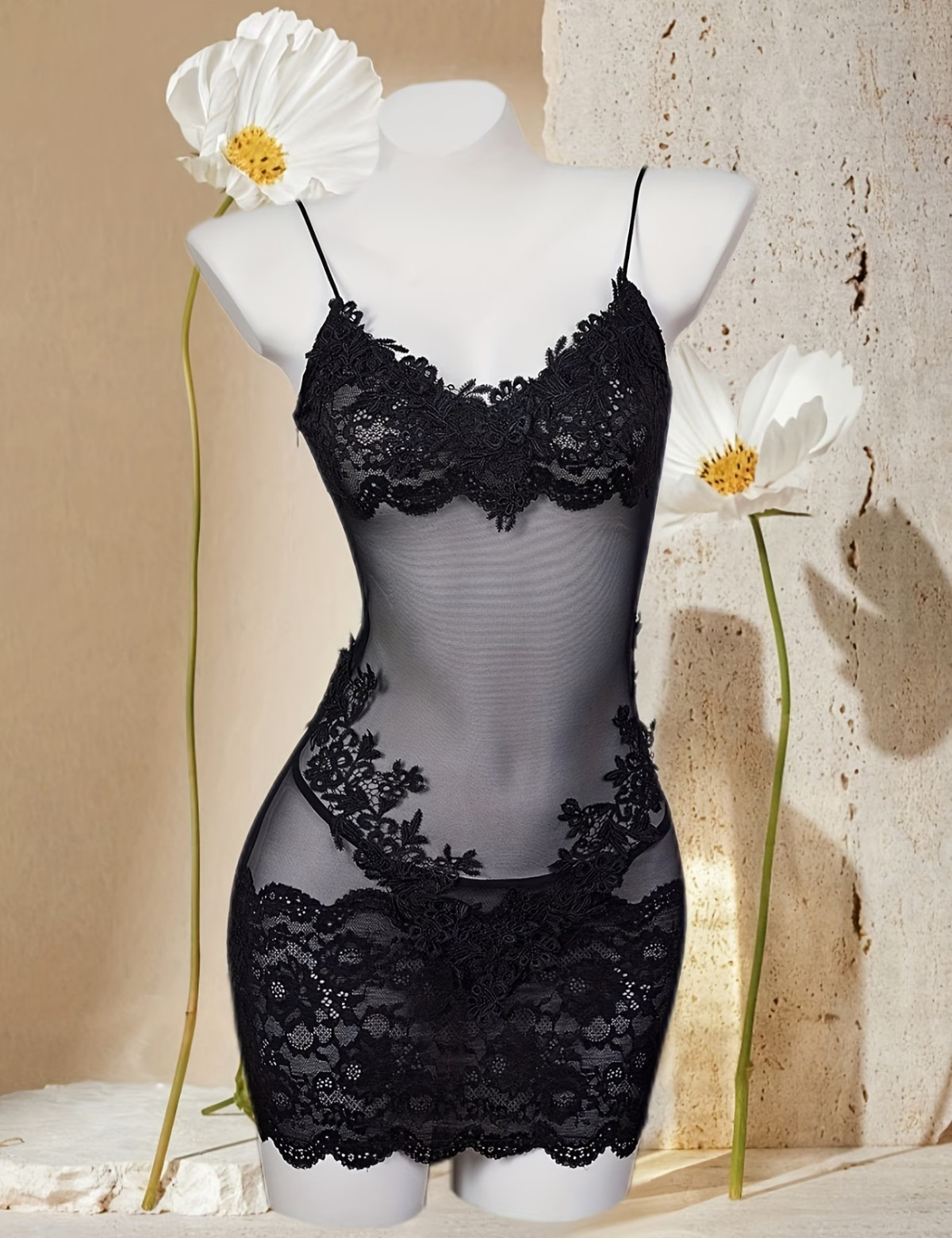 NEW Asian 1-Size Ultra Sexy Black Halter Neck Sheer Lace & Mesh Bodycon Lingerie