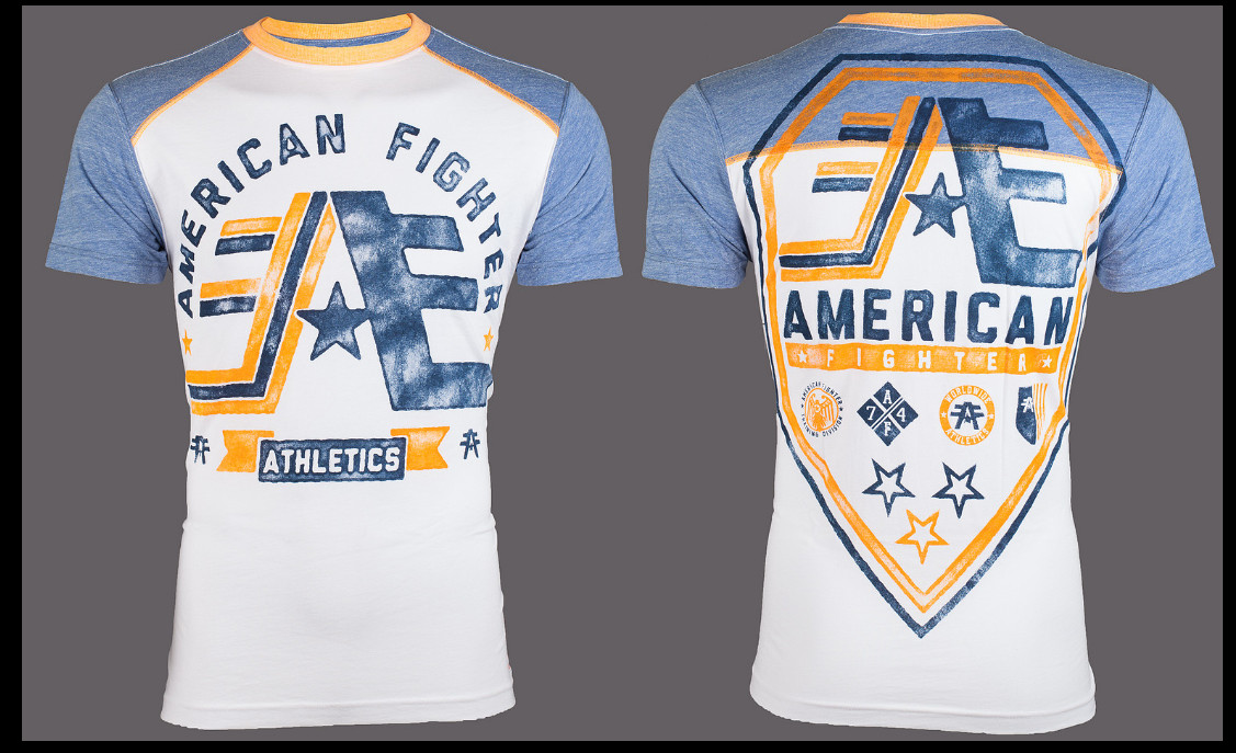 AMERICAN FIGHTER White Blue Orange STONEY BROOK Athletic Graphic T-shirt NWT