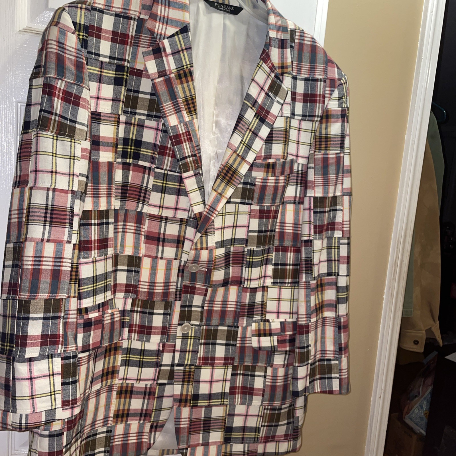 Jos A Bank 44R Plaid Patchwork Sport Coat Blazer 100% Cotton 2 Buttons EUC