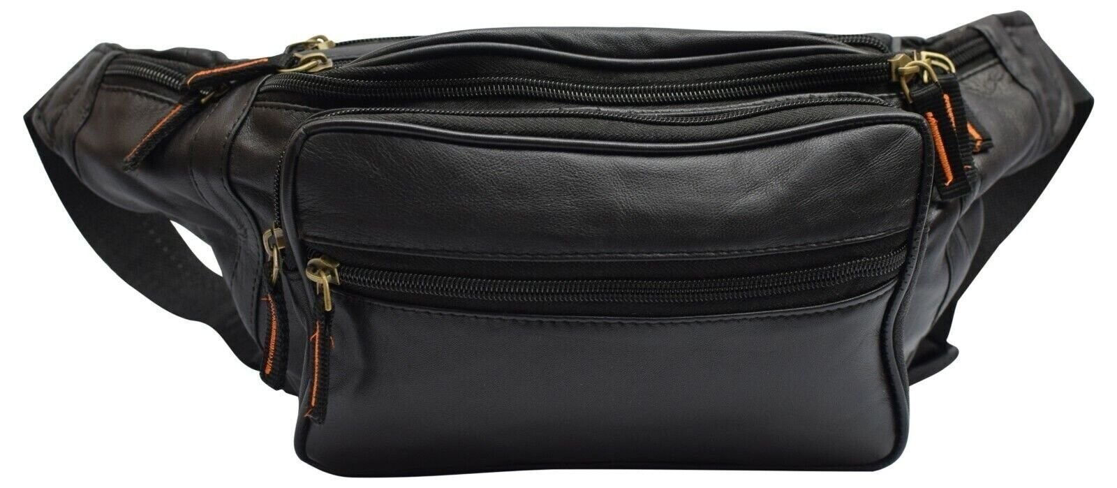 Black Genuine Leather Fanny Pack Large Multi Zippered Waist Bag Design Hip Purse