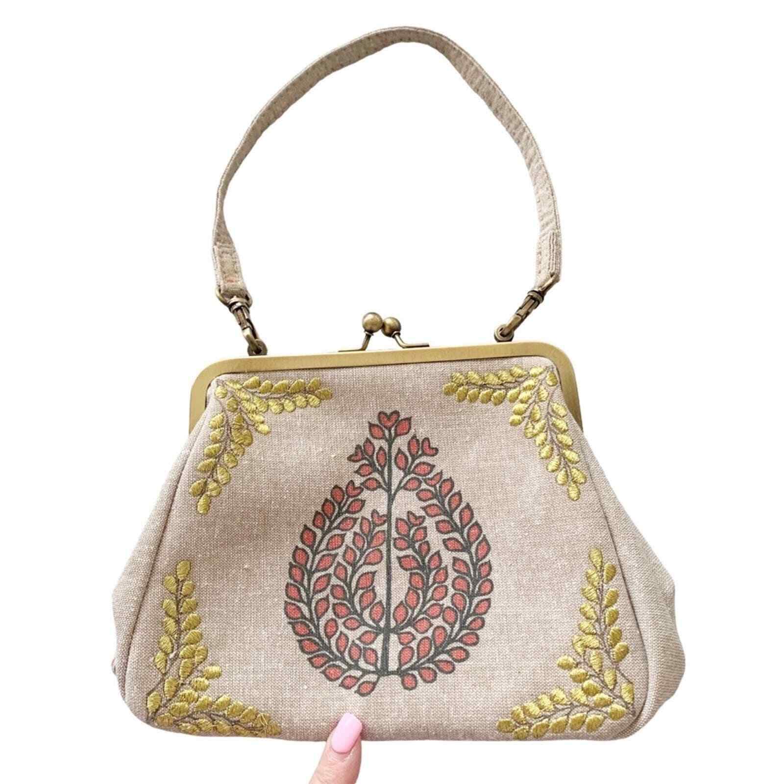 Iyura Tan Gold Embroidered Baroque Leaf Pattern Mini Fabric Frame Bag NWOT