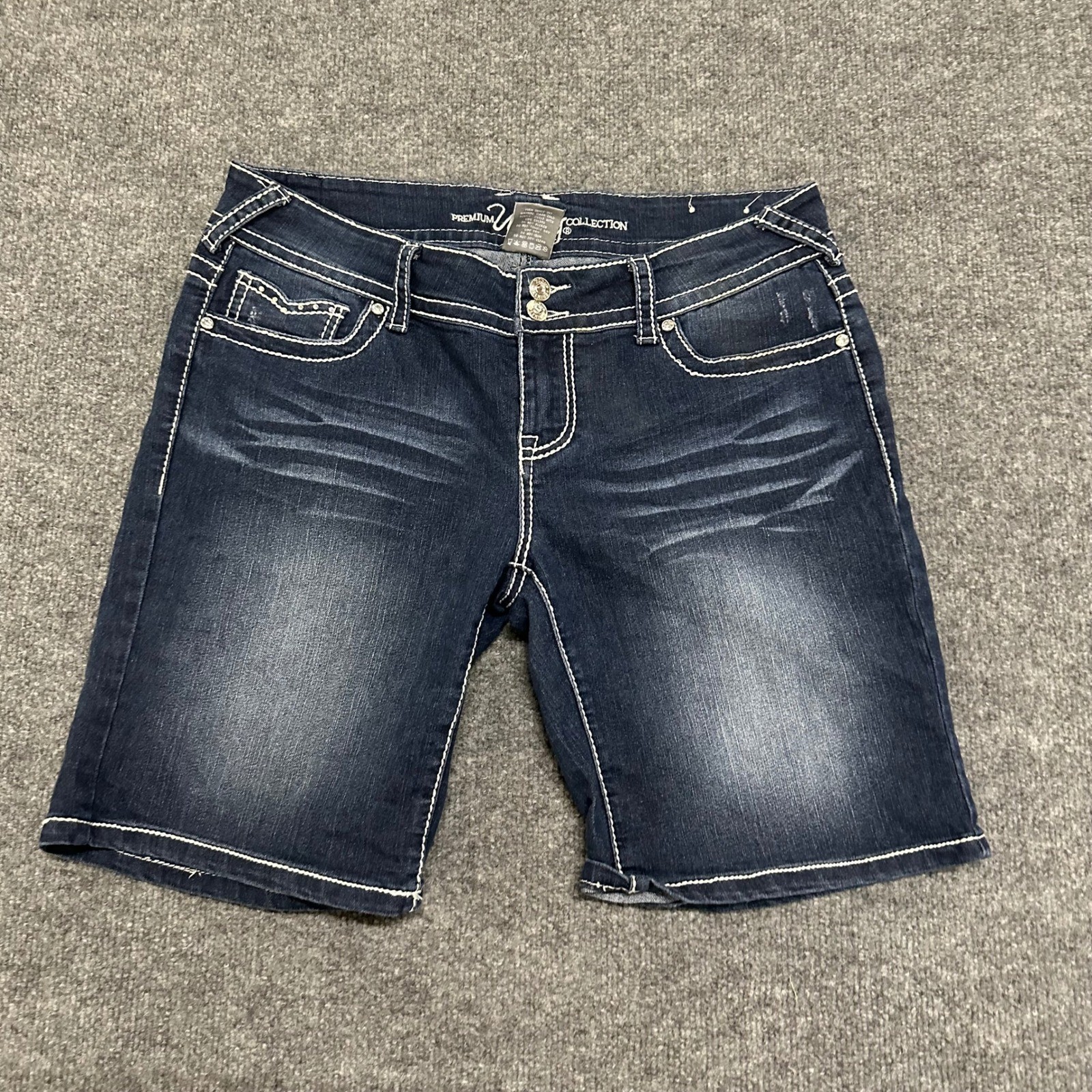 Vanity Denim Shorts Womens Size 30 Dark Wash Embellished Thick Stitch Bermuda
