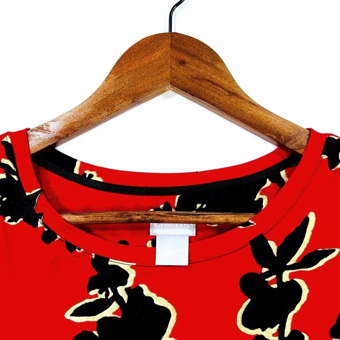 Chico’s, Red Black Floral Print, Mid Sleeve, Women’s Size L