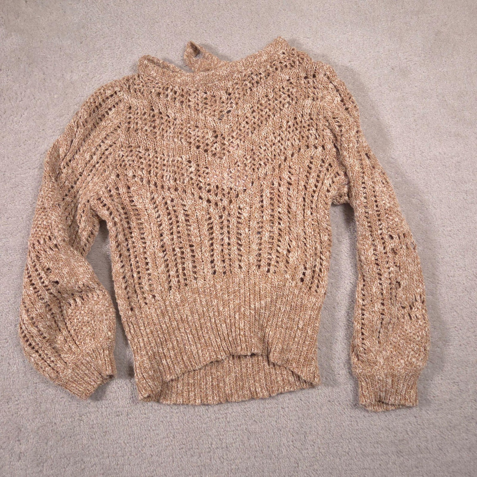 Willow-Root Sweater Womens XL Beige Open Knit Tie Back Pullover Long Sleeve