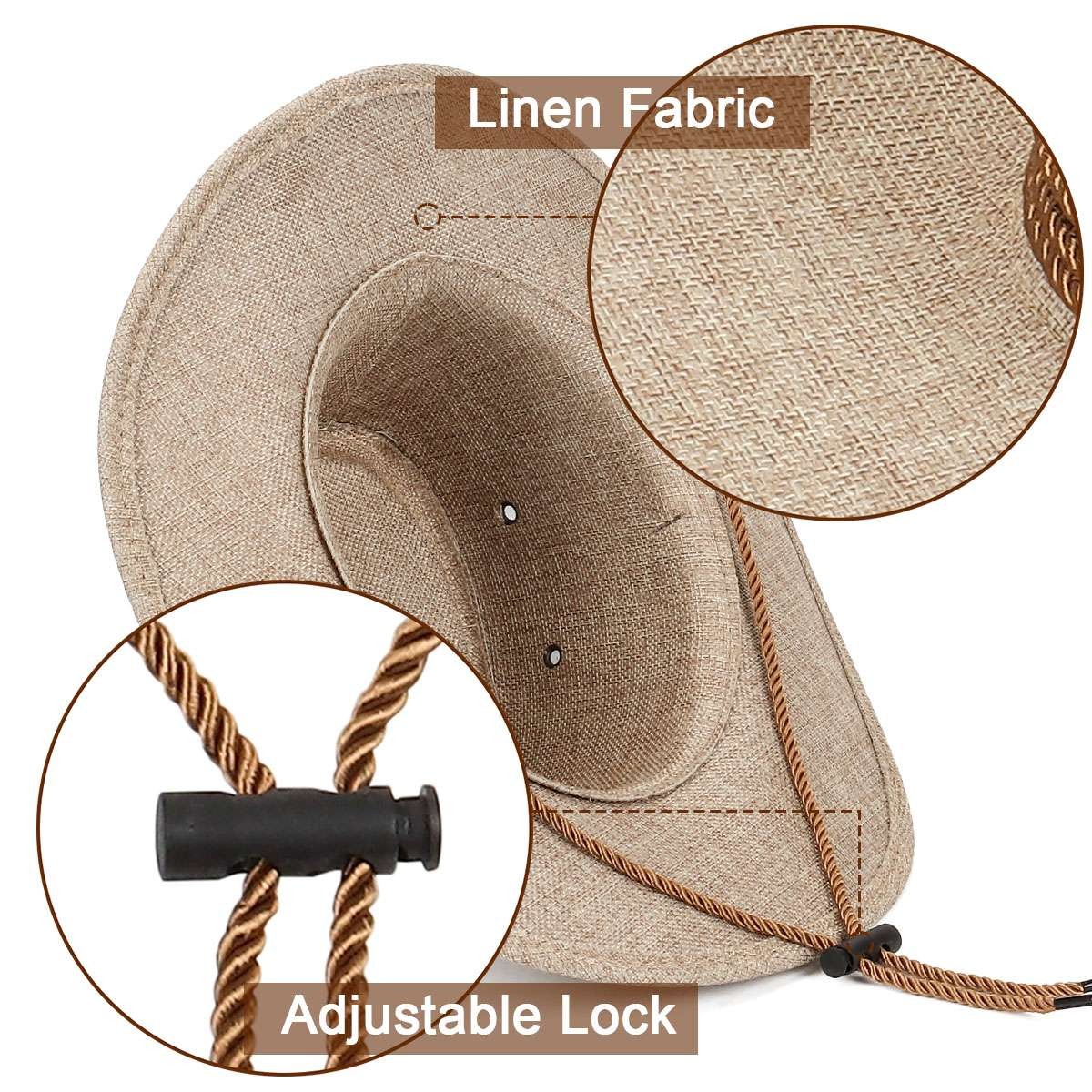 Mens Summer Bucket Cap Cowboy Fedora Hat Wide Brim Linen Straw Mesh Outdoor Hats