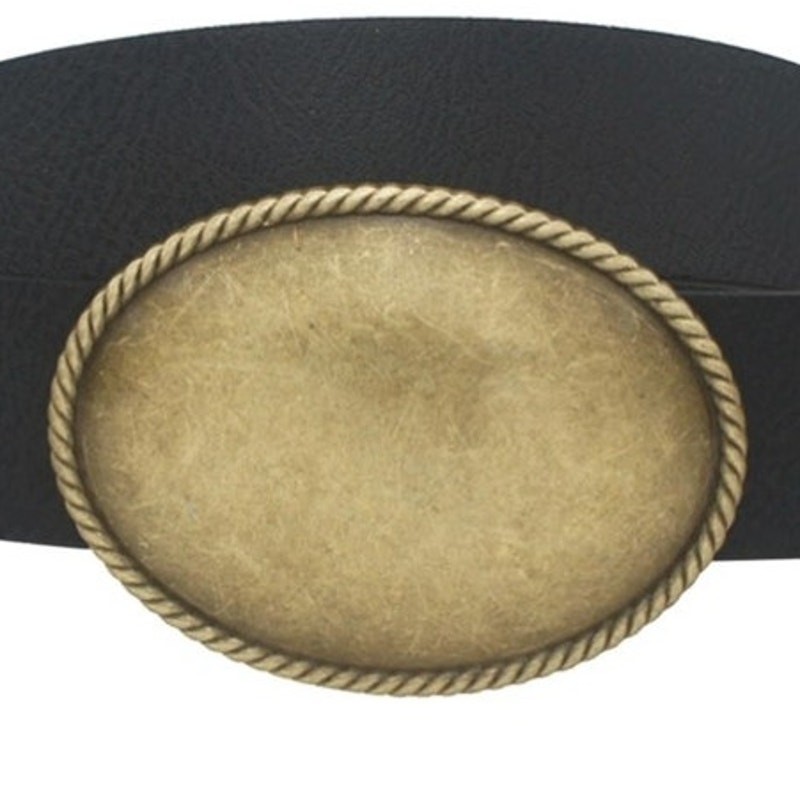 Black Western Rope Trim Vegan Leather Belt with Oval Burnished Gold Buckle